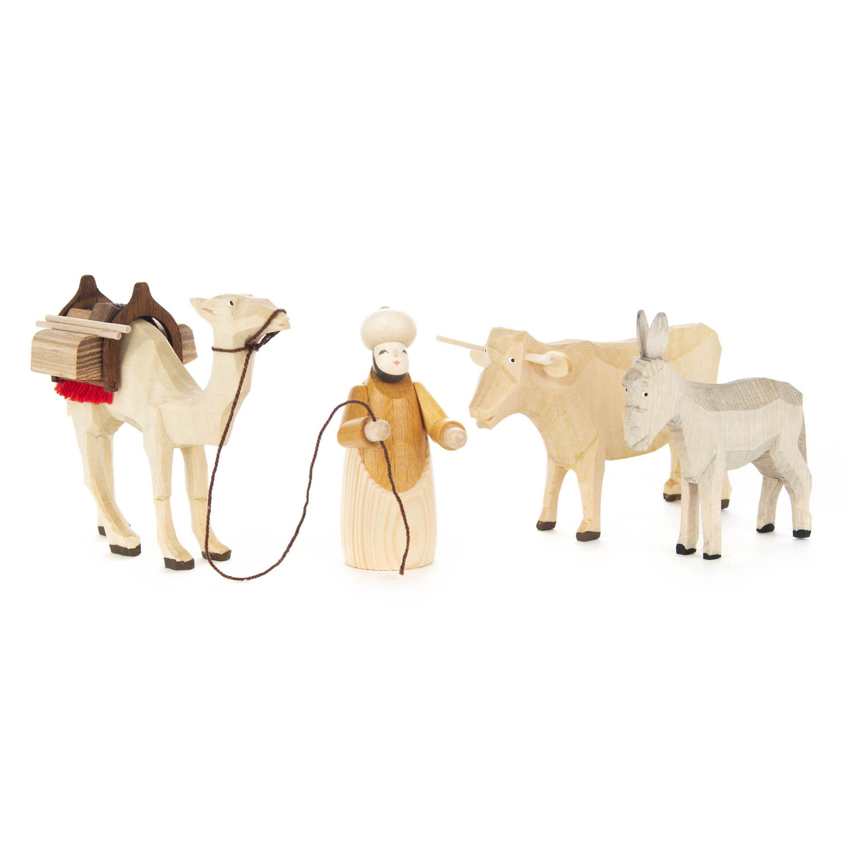 Holzfiguren-Set: Kameltreiber mit traditionellem Gewand und Turban, an einer Leine geführtes Kamel mit Satteltaschen, daneben ein Ochse und ein Esel. im Dregeno Online Shop günstig kaufen
