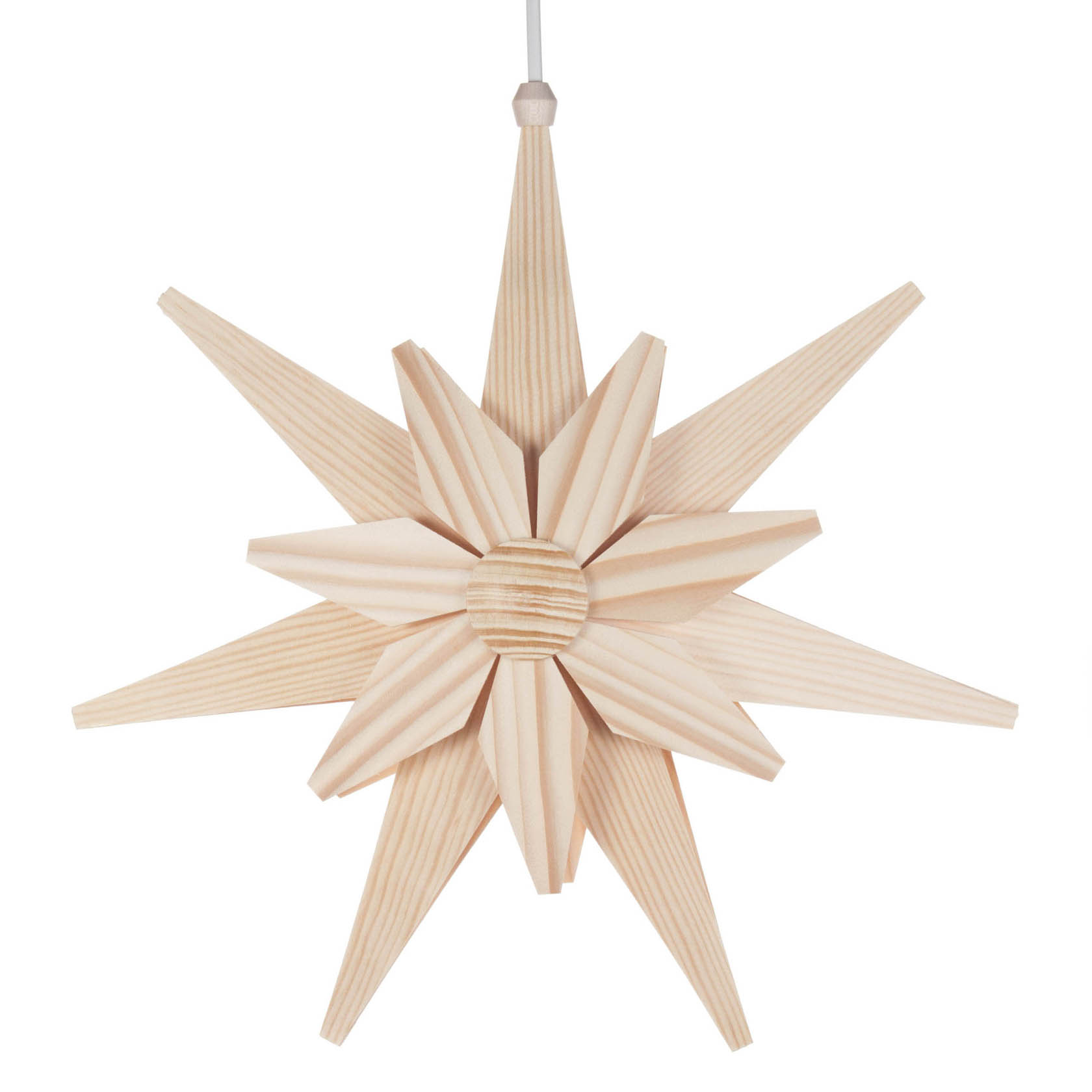 Ein doppelt gefalteter Weihnachtsstern aus naturfarbenem Holz mit elektrischer Beleuchtung. im Dregeno Online Shop günstig kaufen