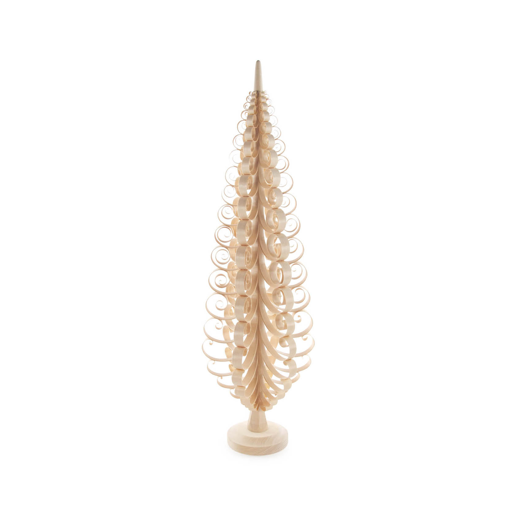 Holzkunsthandwerk: Ein naturfarbener Spanbaum mit spiralförmigen, zarten Holzspänen, die von einem Mittelstab ausgehen und eine gleichmäßige, konische Form bilden. im Dregeno Online Shop günstig kaufen