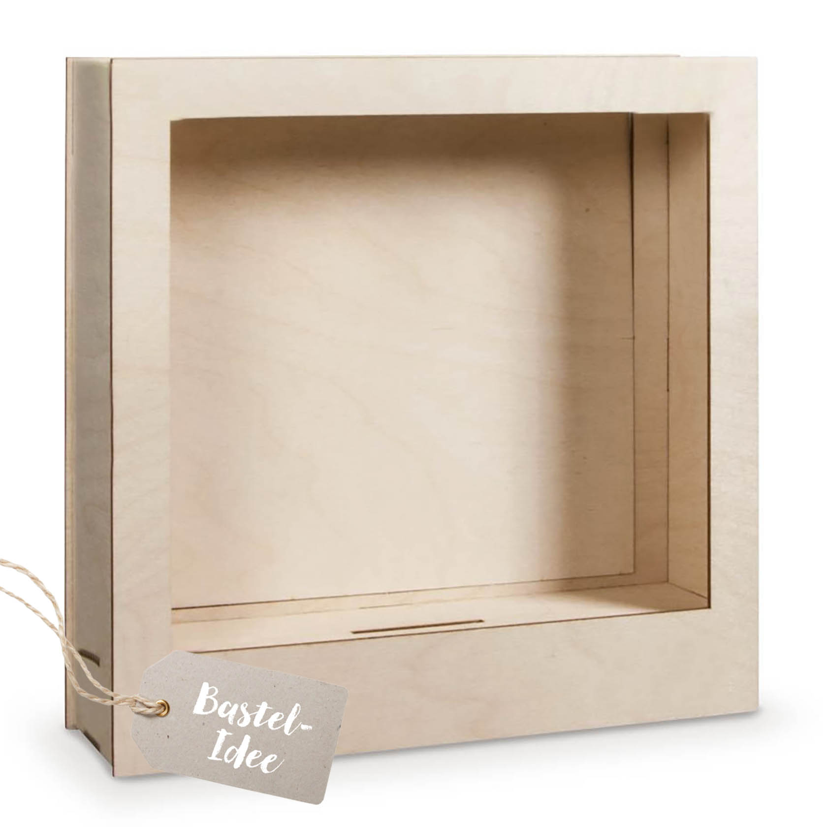 Holzbausatz für einen 3D Motivrahmen, bestehend aus 8 Teilen, in den Maßen 24x24x6,6cm, naturbelassenes Holz. im Dregeno Online Shop günstig kaufen