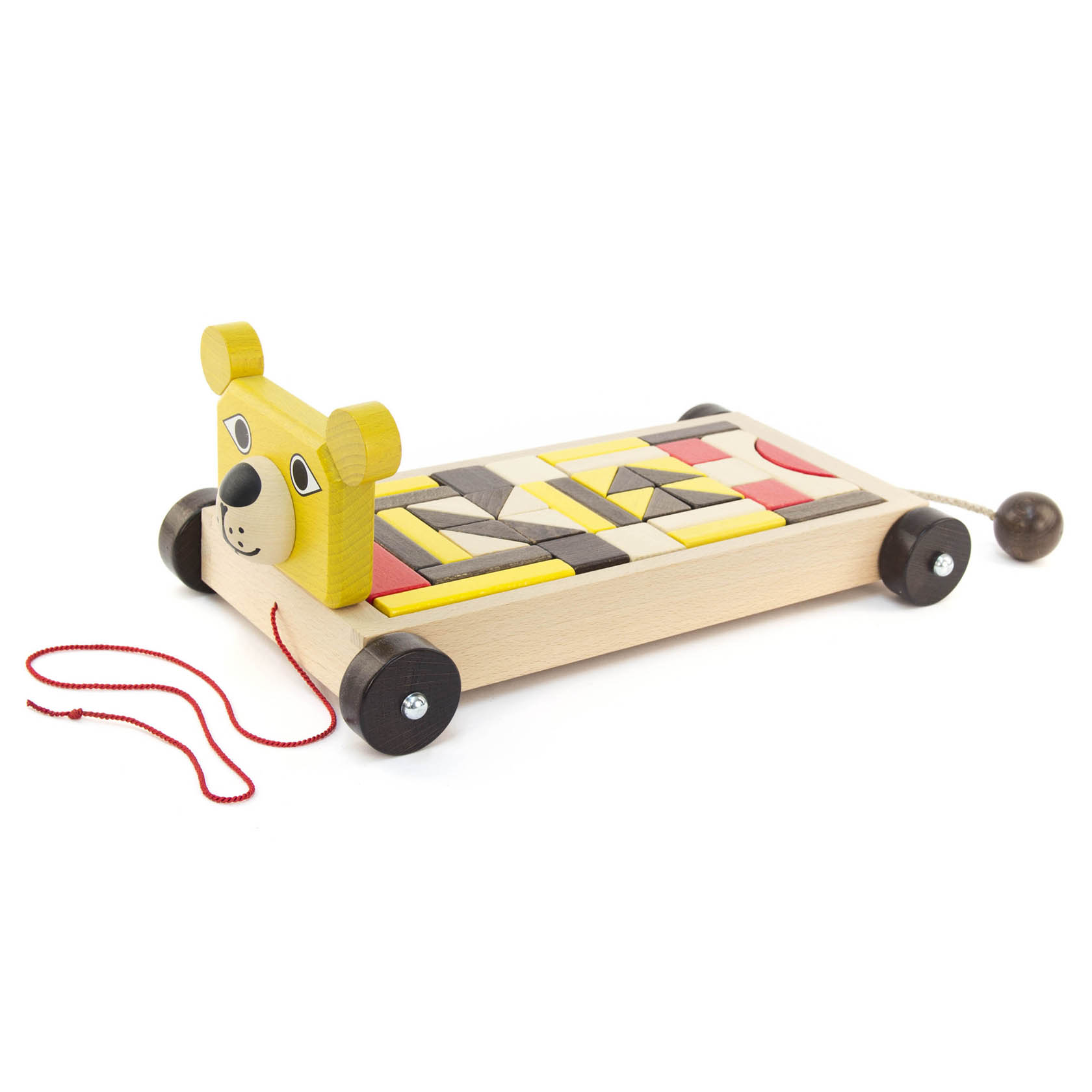 Ein hölzener Ziehwagen in Löwenform mit bunten Bausteinen auf der Ladefläche, einer roten Schnur zum Ziehen und vier schwarzen Rädern. im Dregeno Online Shop günstig kaufen