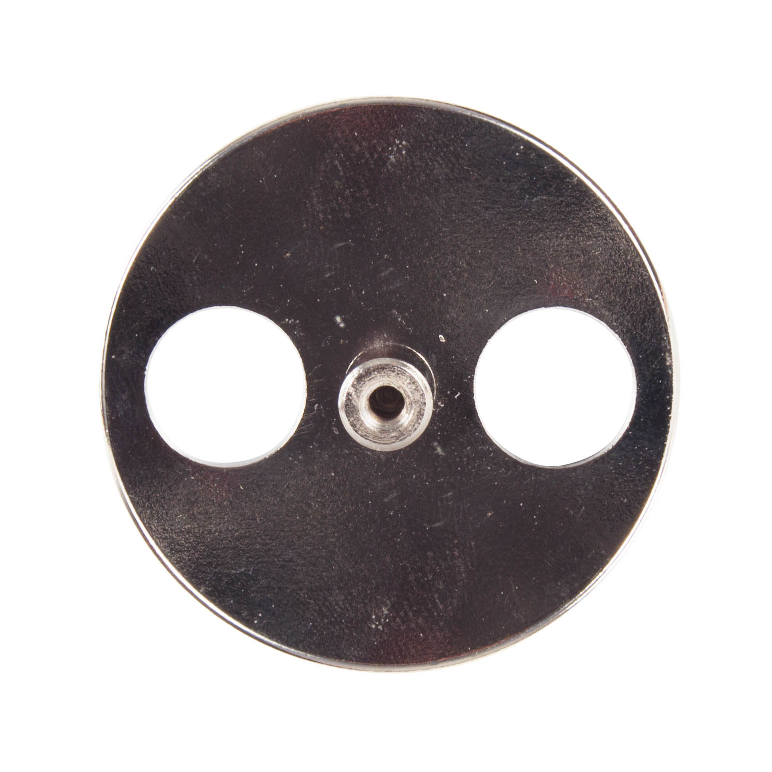 Runde, metallische Platte mit zwei symmetrischen Löchern und zentralem Gewinde für Sankyo Musikspielwerk. im Dregeno Online Shop günstig kaufen