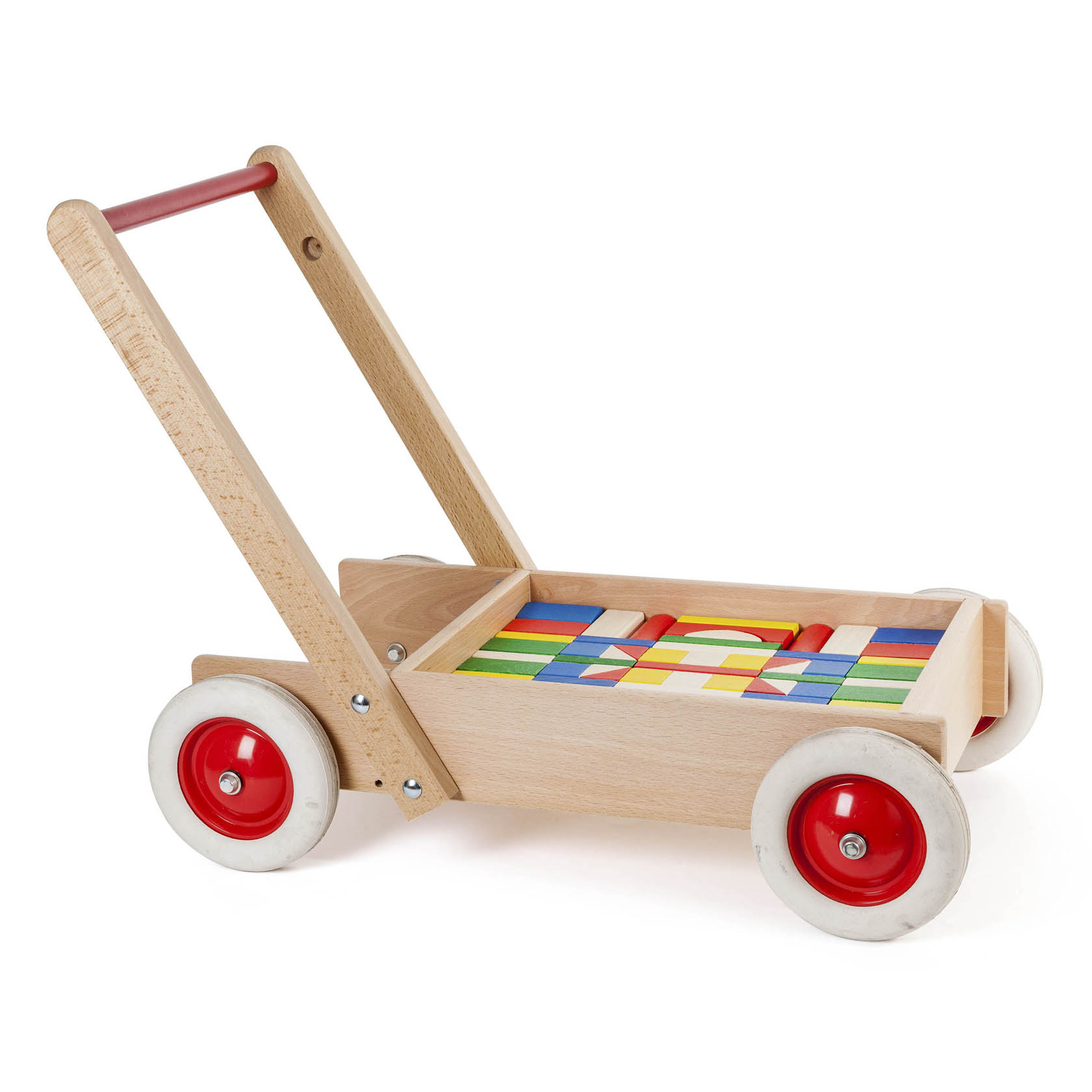 Holz-Lauflernwagen mit rotem Griff und vier roten Rädern, gefüllt mit bunten Bauklötzen. im Dregeno Online Shop günstig kaufen