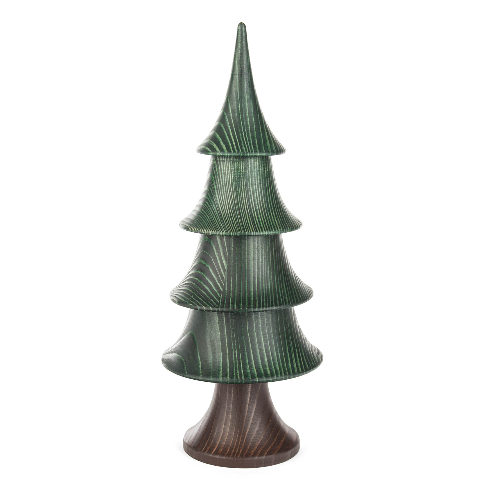 A 27cm tall solid wood tree with a tiered, pointed shape, stained in shades of green. It has a wooden texture highlighting the layered design. im Dregeno Online Shop günstig kaufen