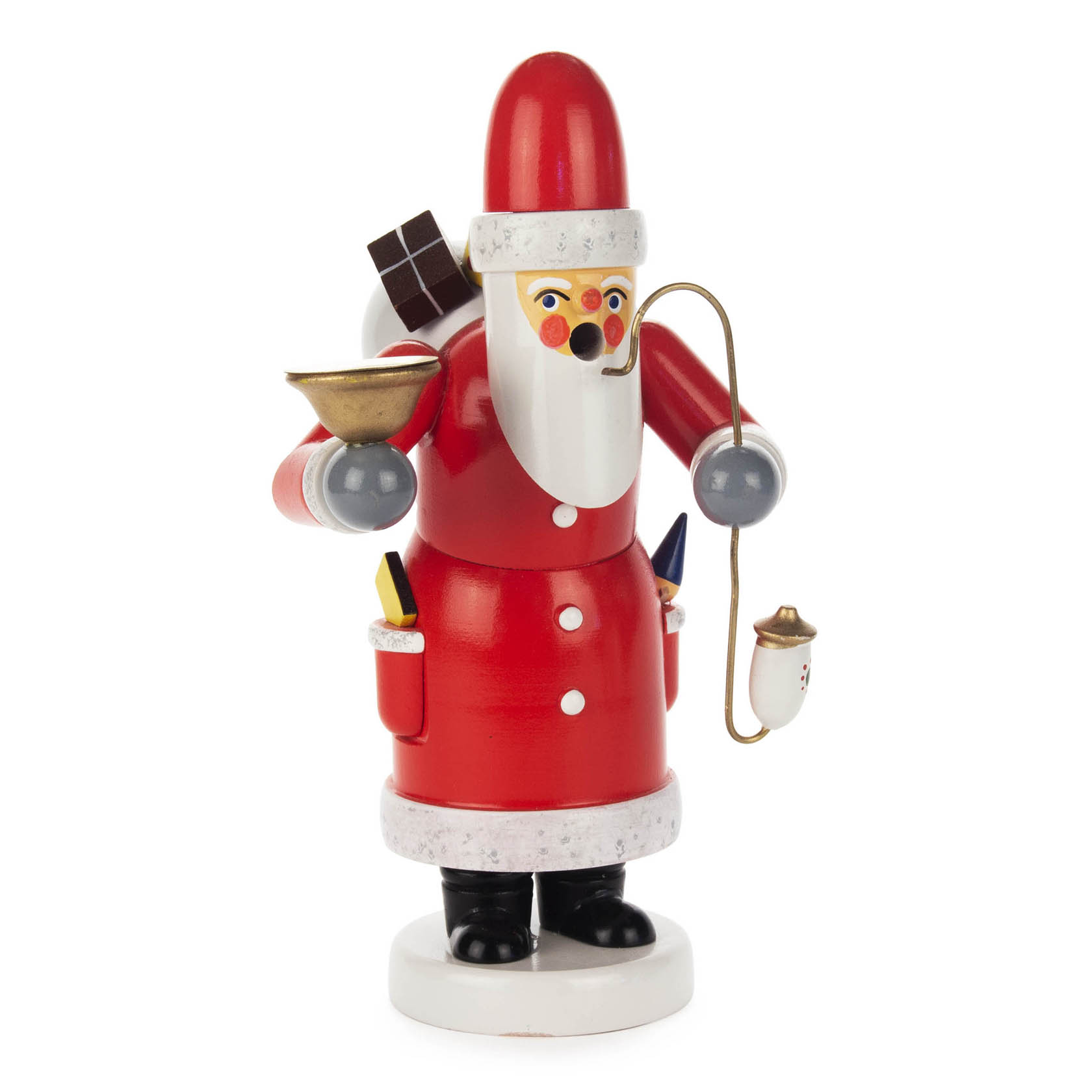 Räuchermann Weihnachtsmann mit rotem Mantel, weißem Bart und schwarzem Hut, hält Kerzenhalter und Räucherfass, trägt Schokolade im Rucksack. im Dregeno Online Shop günstig kaufen