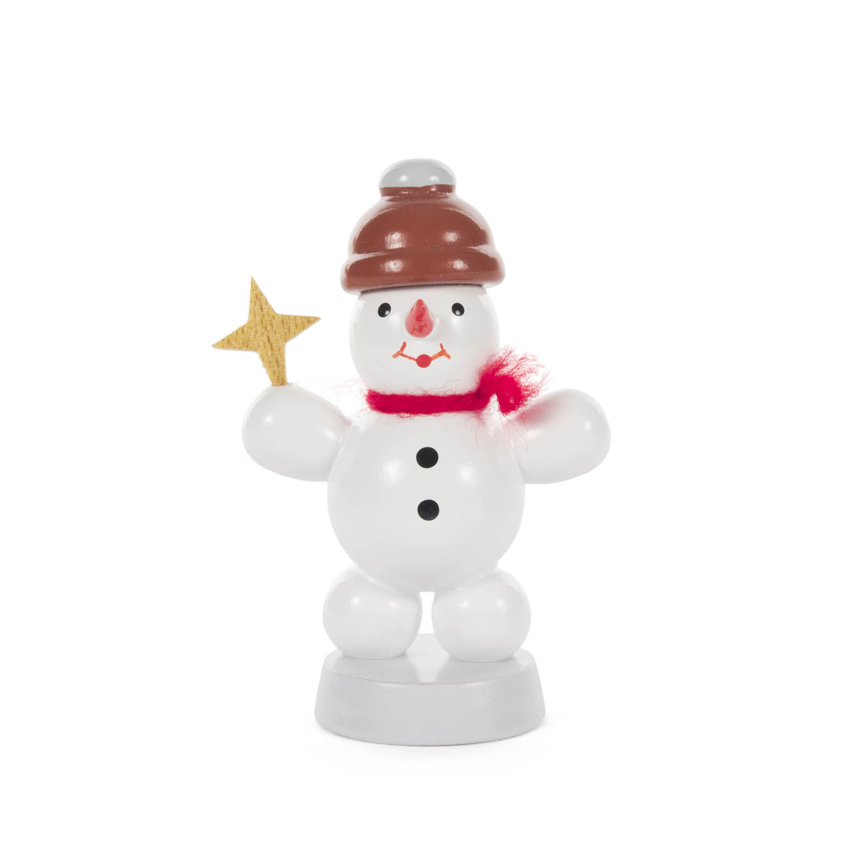 Kleiner Schneemann aus Holz mit brauner Mütze, rotem Schal und einem goldenen Stern in der Hand. Er hat schwarze Knöpfe und ein freundliches Gesicht. im Dregeno Online Shop günstig kaufen