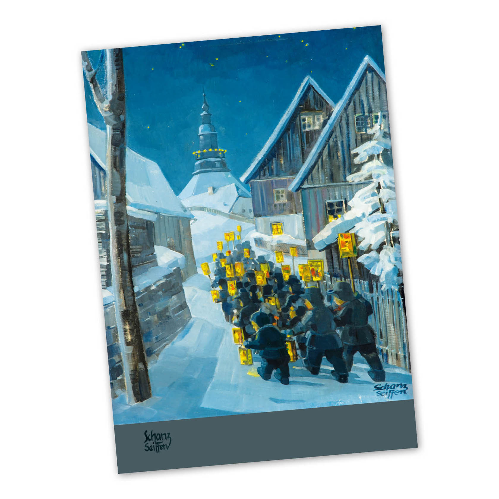 A group of people holding lanterns walking through a snow-covered village at night, with wooden houses and a church tower in the background. im Dregeno Online Shop günstig kaufen