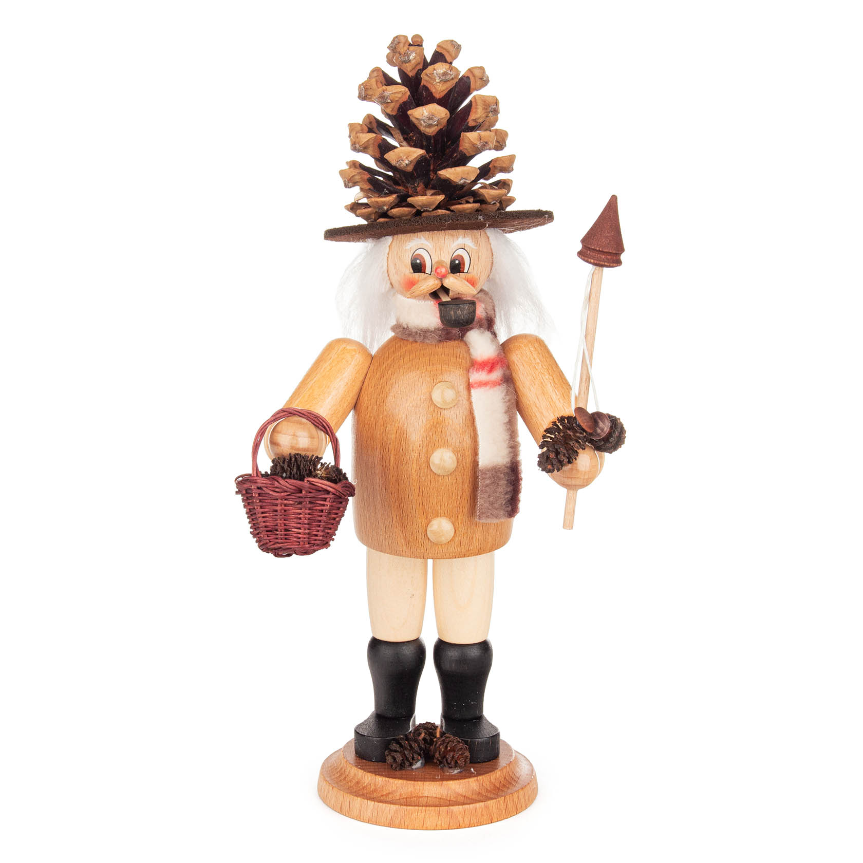 Holzräuchermann in Form eines Wichtels mit Pinienzapfen als Hut, Holzstab, gestricktem Schal und einem Korb in der Hand. im Dregeno Online Shop günstig kaufen