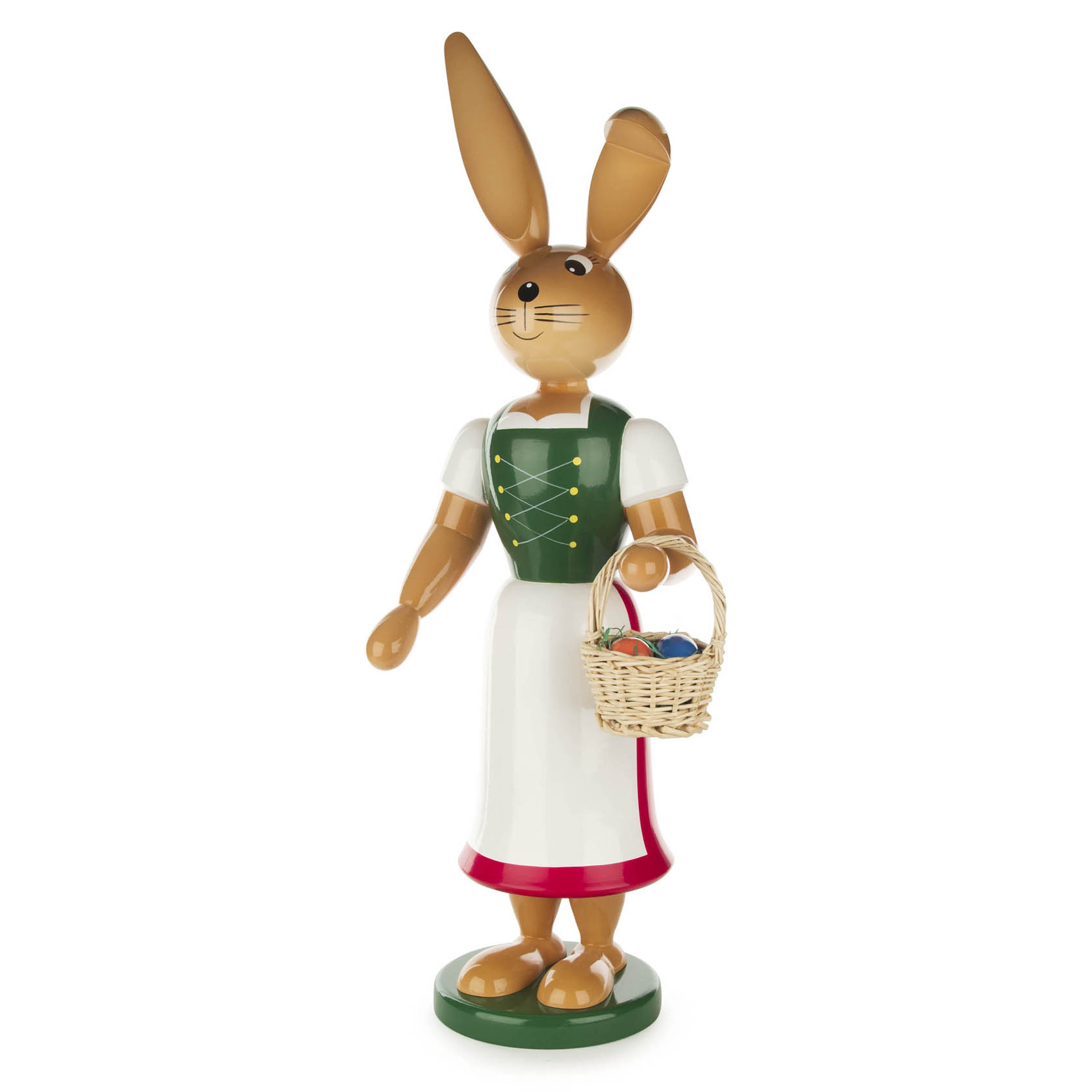 Holzfigur einer Häsin mit langem Rock und Schürze, die einen Korb mit bunten Eiern trägt. im Dregeno Online Shop günstig kaufen