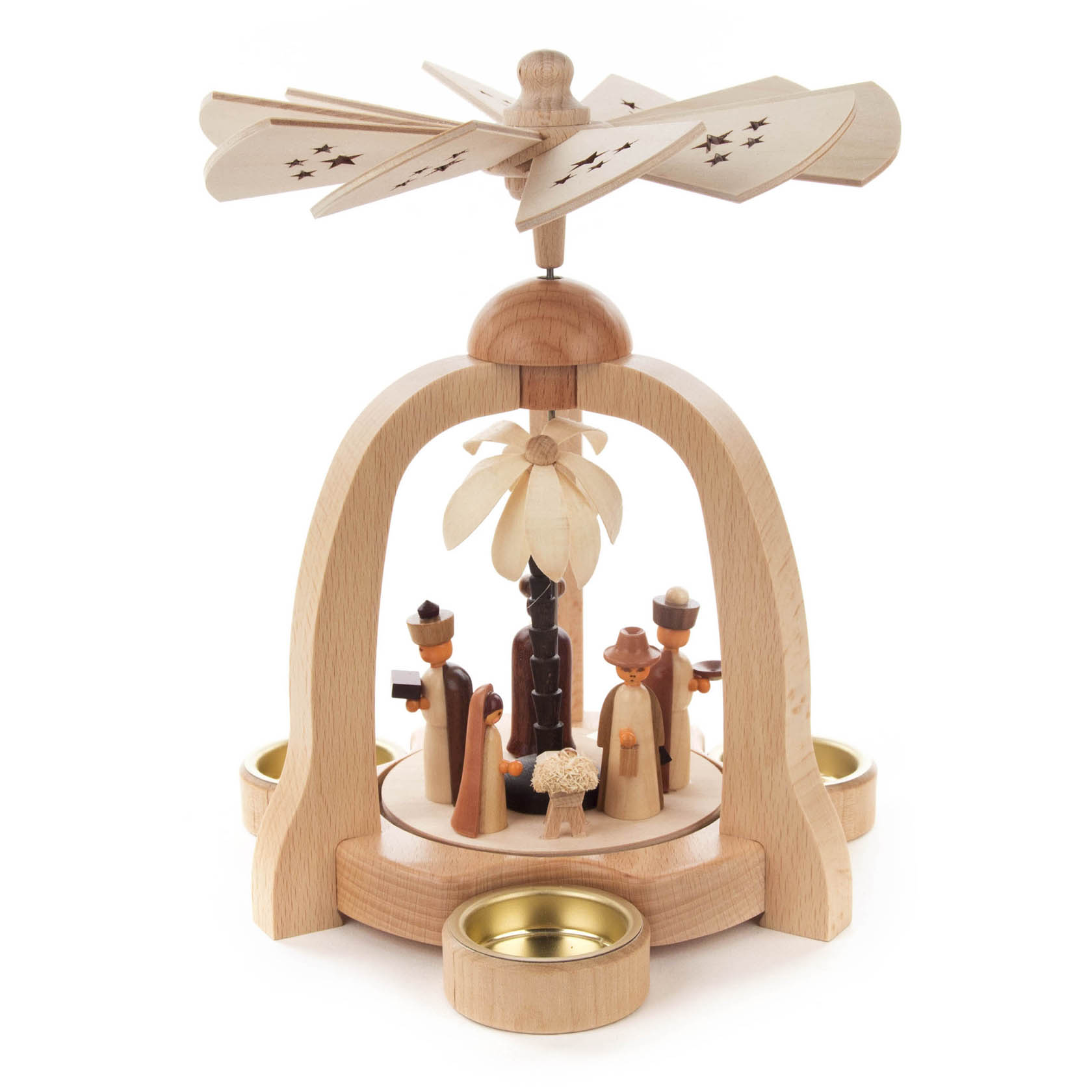 Holzpyramide mit einer Darstellung der Geburt Christi, umfasst eine Windmühle oben und Teelichthalter an der Basis. im Dregeno Online Shop günstig kaufen
