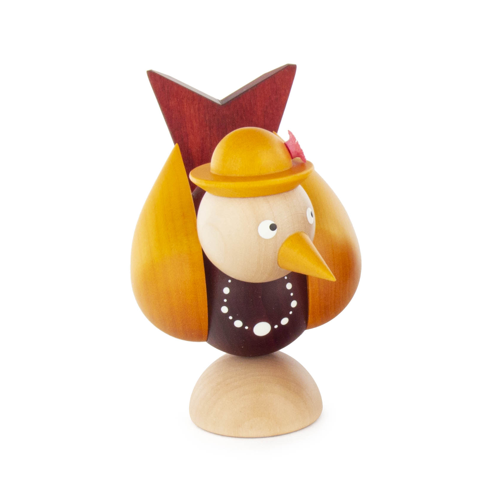 Holzfigur eines stilisierten Vogels als Braut mit Hut, Halskette und rotem Schleier. Der Körper ist aus hellem und dunklerem Holz gefertigt. im Dregeno Online Shop günstig kaufen