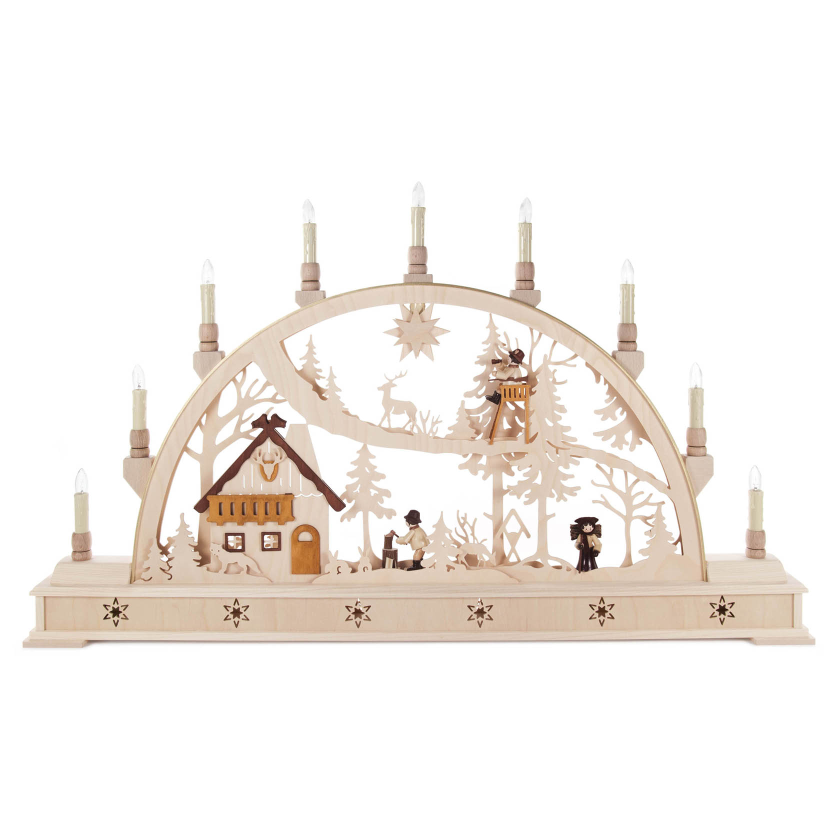 Holz-Schwibbogen mit Forsthaus, Waldfiguren und Waldszenen, elektrisch beleuchtet mit sieben Kerzen. im Dregeno Online Shop günstig kaufen