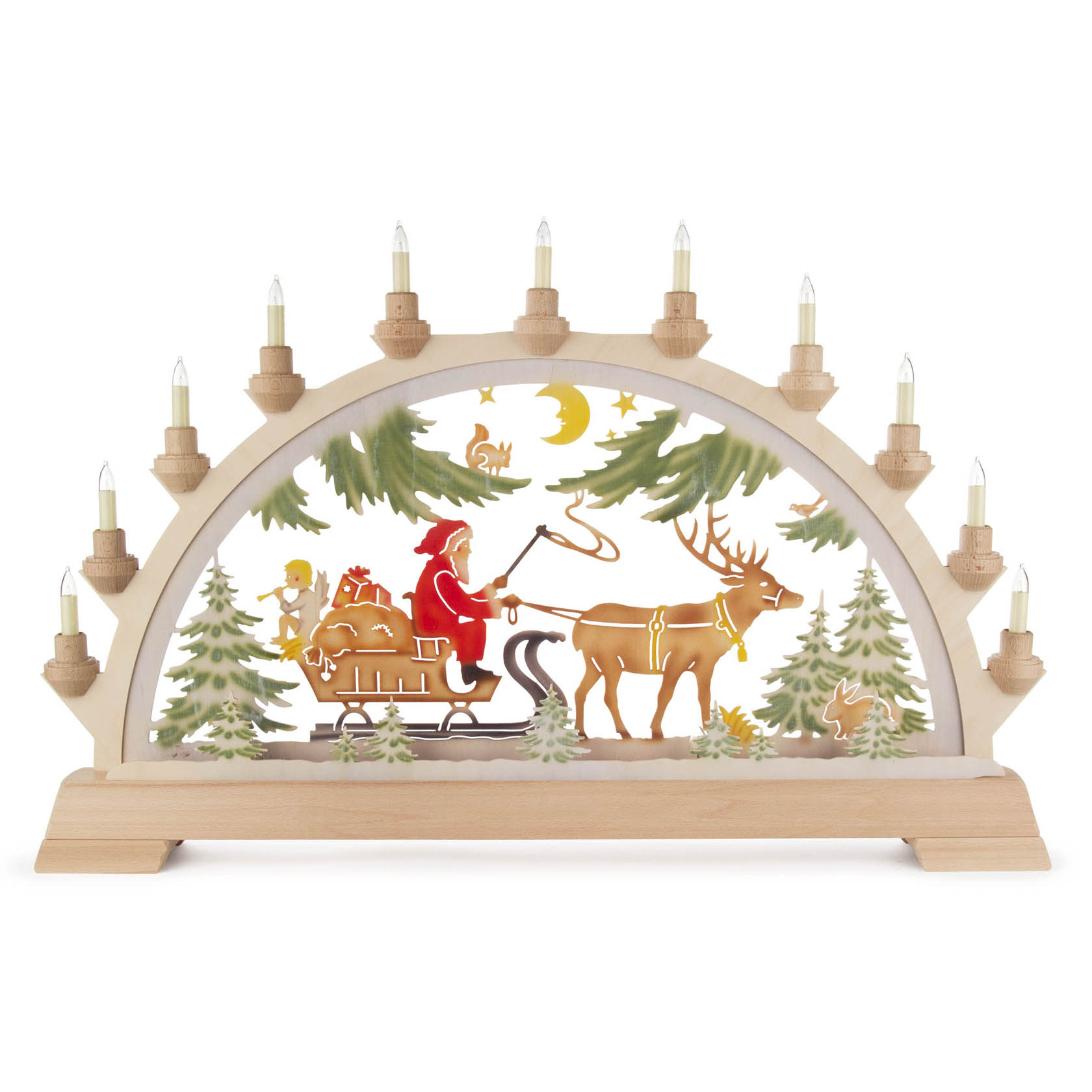 Schwibbogen mit Nikolaus auf einem Schlitten, gezogen von einem Rentier, von farbigen, elektrisch beleuchteten Kerzen umrahmt. im Dregeno Online Shop günstig kaufen