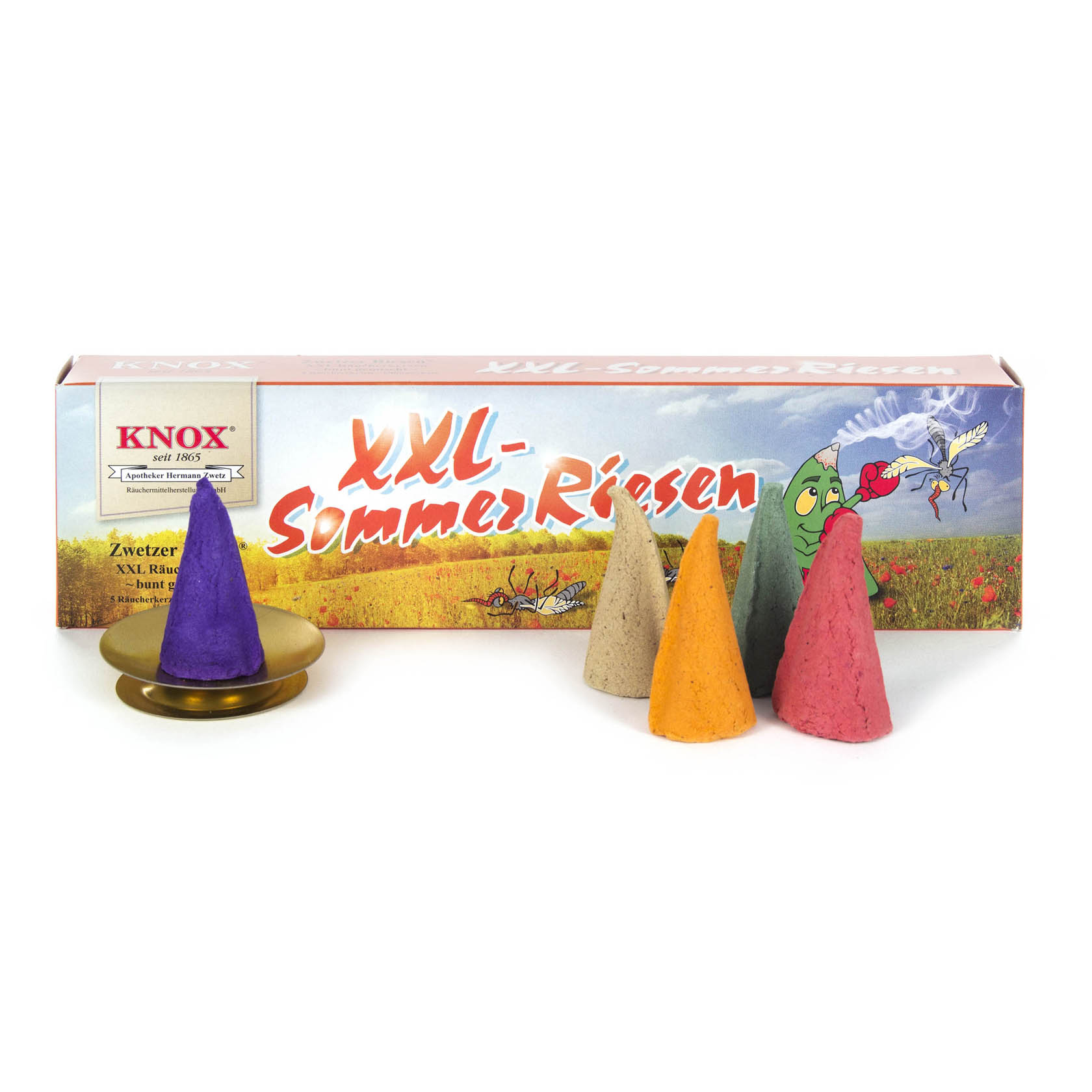Three large colorful incense cones in purple, beige, and orange in front of a box labeled 'XXL-Sommerriesen' with a brass dish. im Dregeno Online Shop günstig kaufen