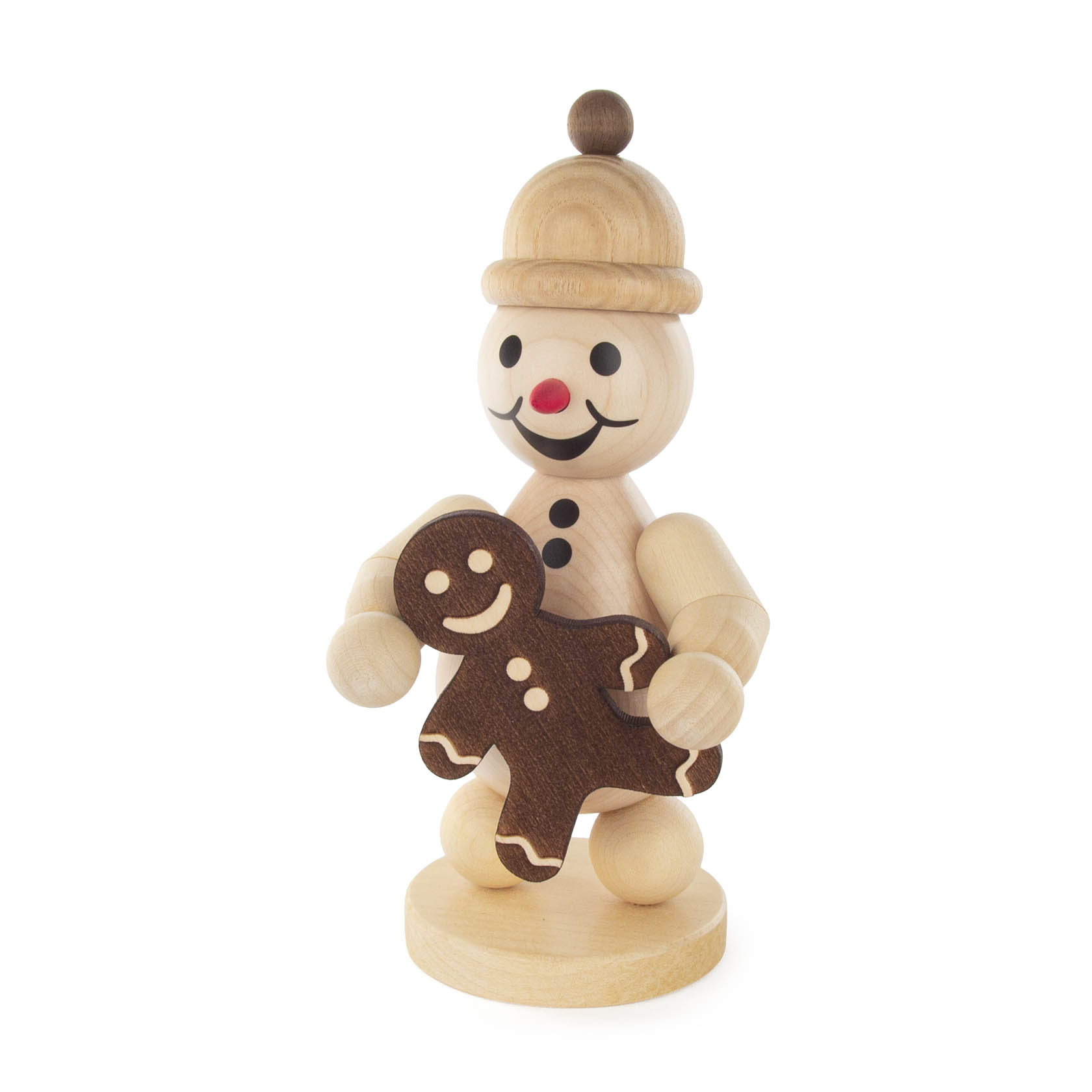 Holzfigur eines Schneemanns mit roter Nase und braunem Pfefferkuchenmann in den Händen, lächelnd mit aufgemaltem Gesicht. im Dregeno Online Shop günstig kaufen