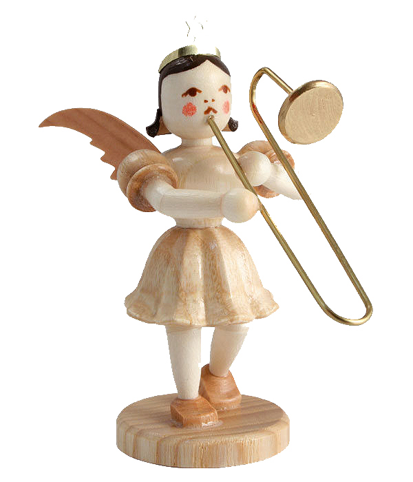A wooden angel figurine with brass trombone, featuring natural wood tones, wings, and gold halo, carved in a traditional style. im Dregeno Online Shop günstig kaufen
