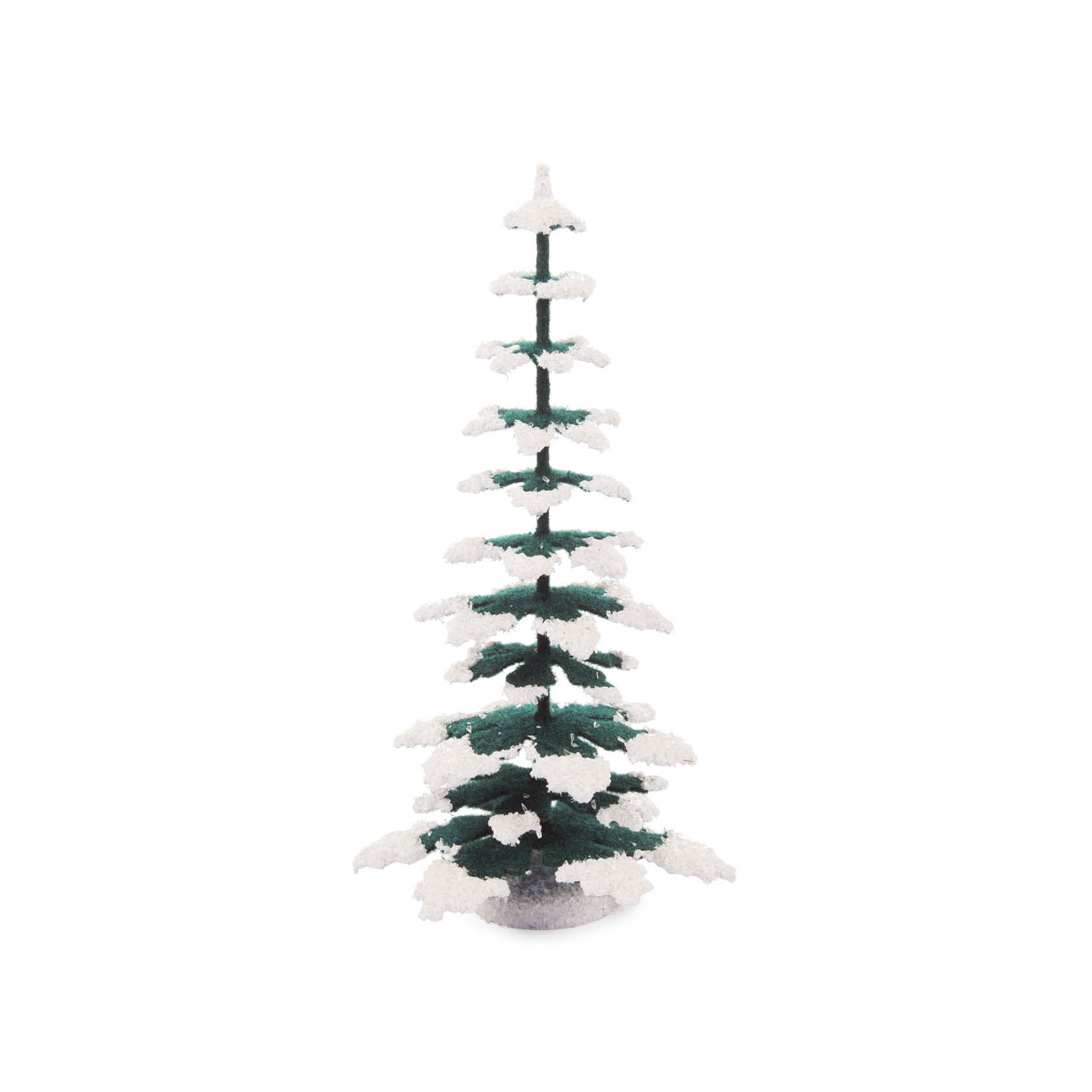 Ein 15 cm hoher künstlicher Tannenbaum mit grünen Nadeln und weißen Spitzen, die wie Schnee aussehen. im Dregeno Online Shop günstig kaufen