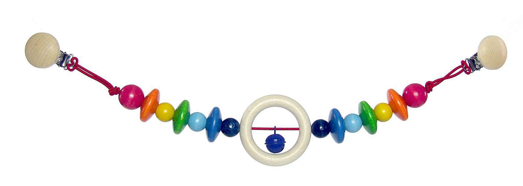 Bunte Wagenkette mit Holzperlen und einem weißen Ring in der Mitte, der von farbigen Perlen umgeben ist. Zwei Holzklammern an den Enden zur Befestigung. im Dregeno Online Shop günstig kaufen