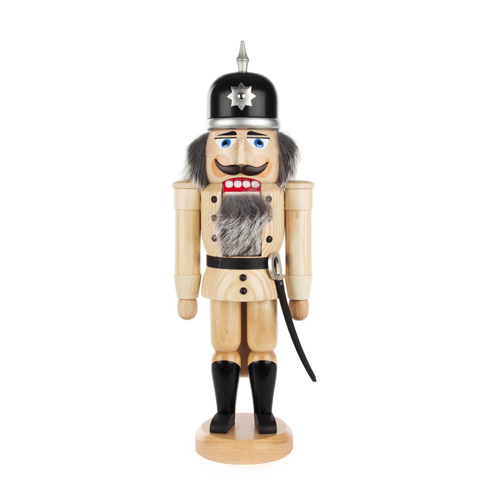 Nussknacker in Form eines Soldaten mit naturbelassenem Holz, schwarzer Hut mit Stern, schwarzer Schnurrbart und Schwert an der Seite, 37 cm hoch. im Dregeno Online Shop günstig kaufen