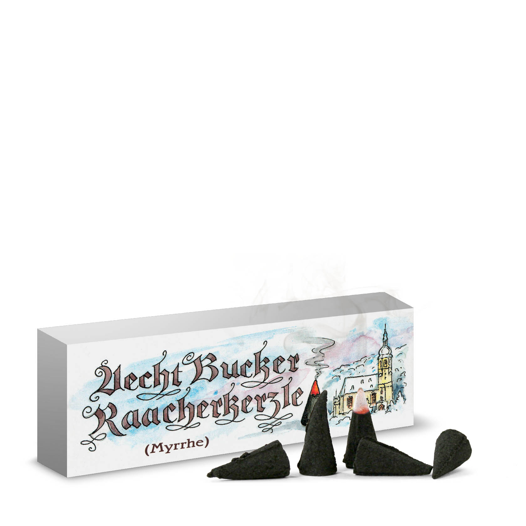 Vier schwarze Räucherkerzenkegel mit orangefarbenem Glutende vor einer Verpackung mit der Aufschrift 'Echt Bucker Raacherkerzle (Myrrhe)'. im Dregeno Online Shop günstig kaufen