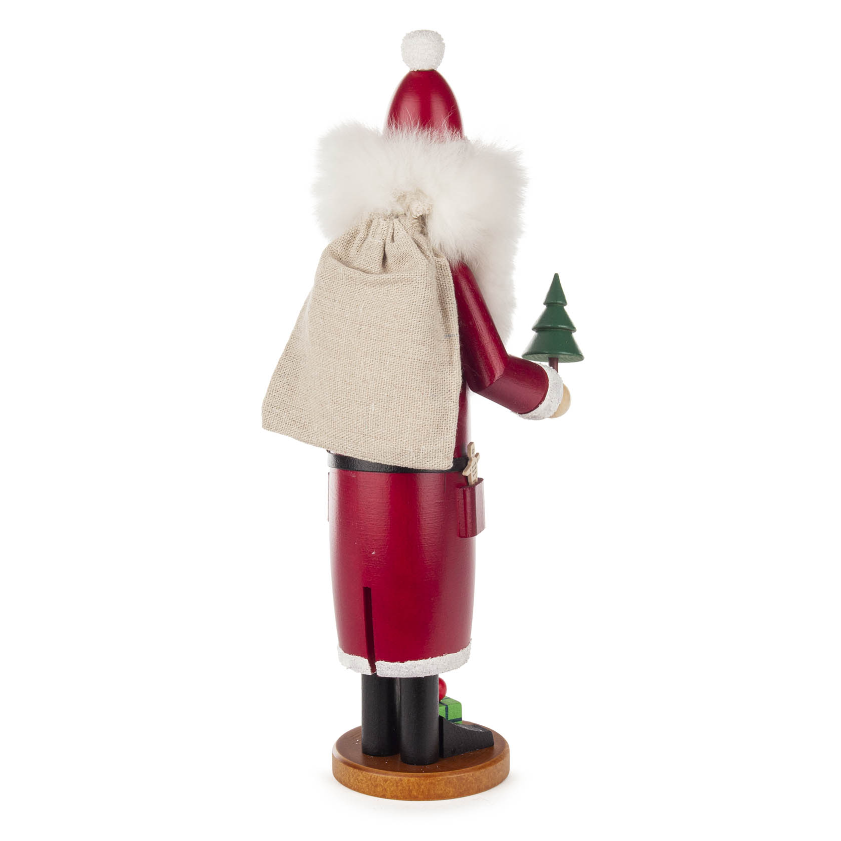 Holzfigur eines klassischen Räuchermanns in Form eines Weihnachtsmannes mit rotem Mantel, weißem Fellkragen, Sack auf dem Rücken und kleinem Weihnachtsbaum in der Hand.