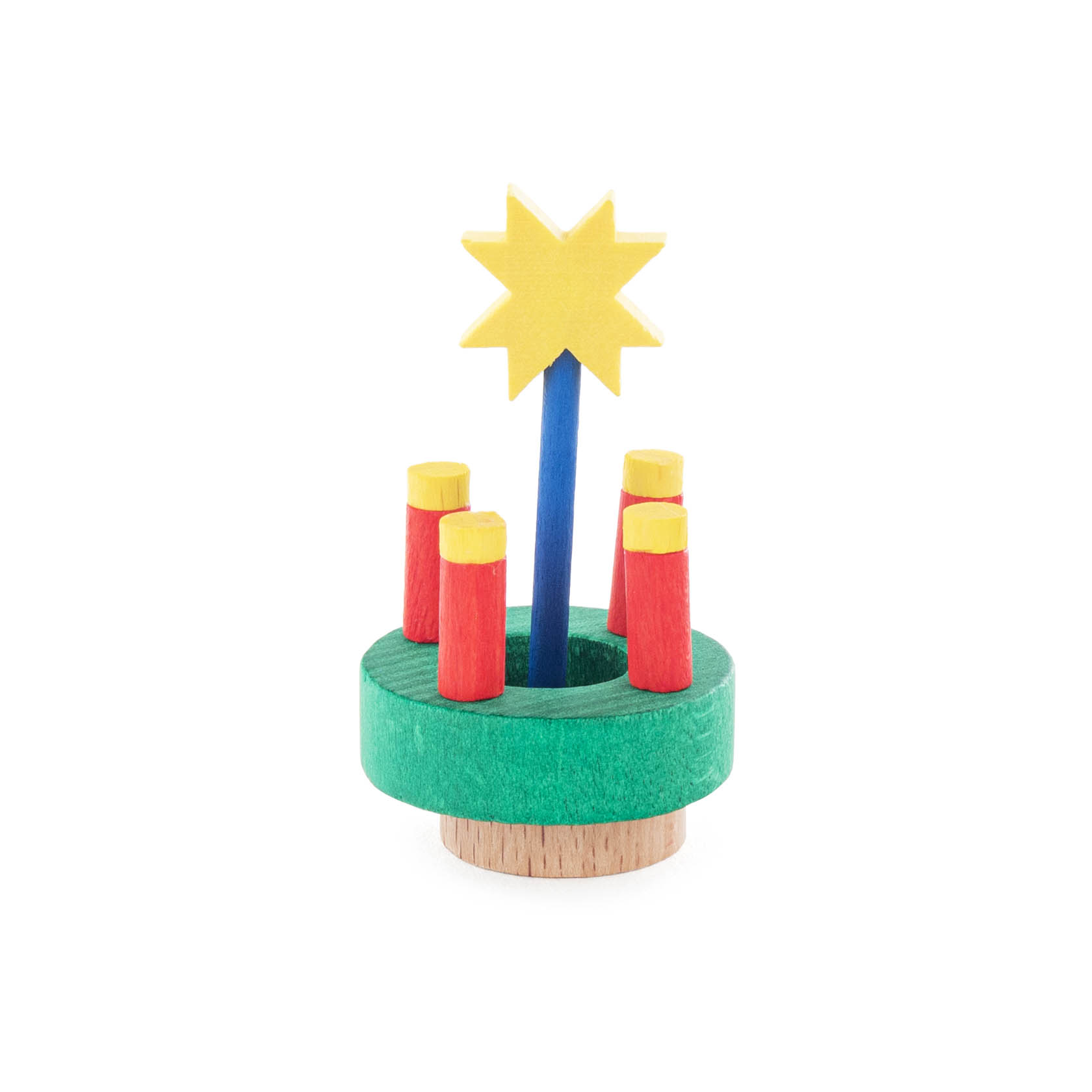 Miniatur-Adventskranz aus Holz mit vier roten Kerzen und einem gelben Stern auf einem Stab in der Mitte. im Dregeno Online Shop günstig kaufen