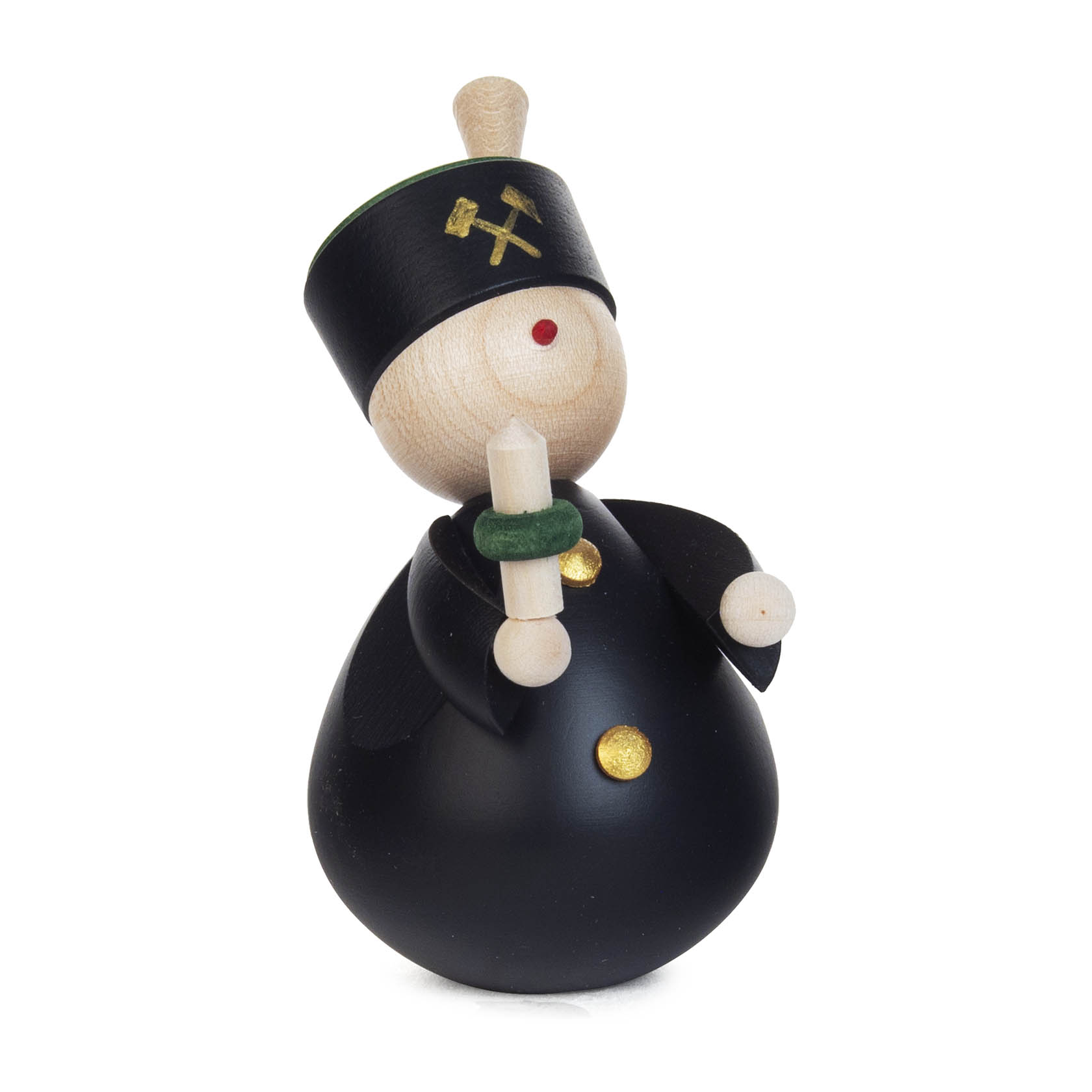 Eine bunte Holzfigur eines Lichterbergmanns mit schwarzem Körper und goldenen Knöpfen, die eine Kerze hält. Der Kopf ist kugelförmig mit einem roten Punkt als Nase. im Dregeno Online Shop günstig kaufen