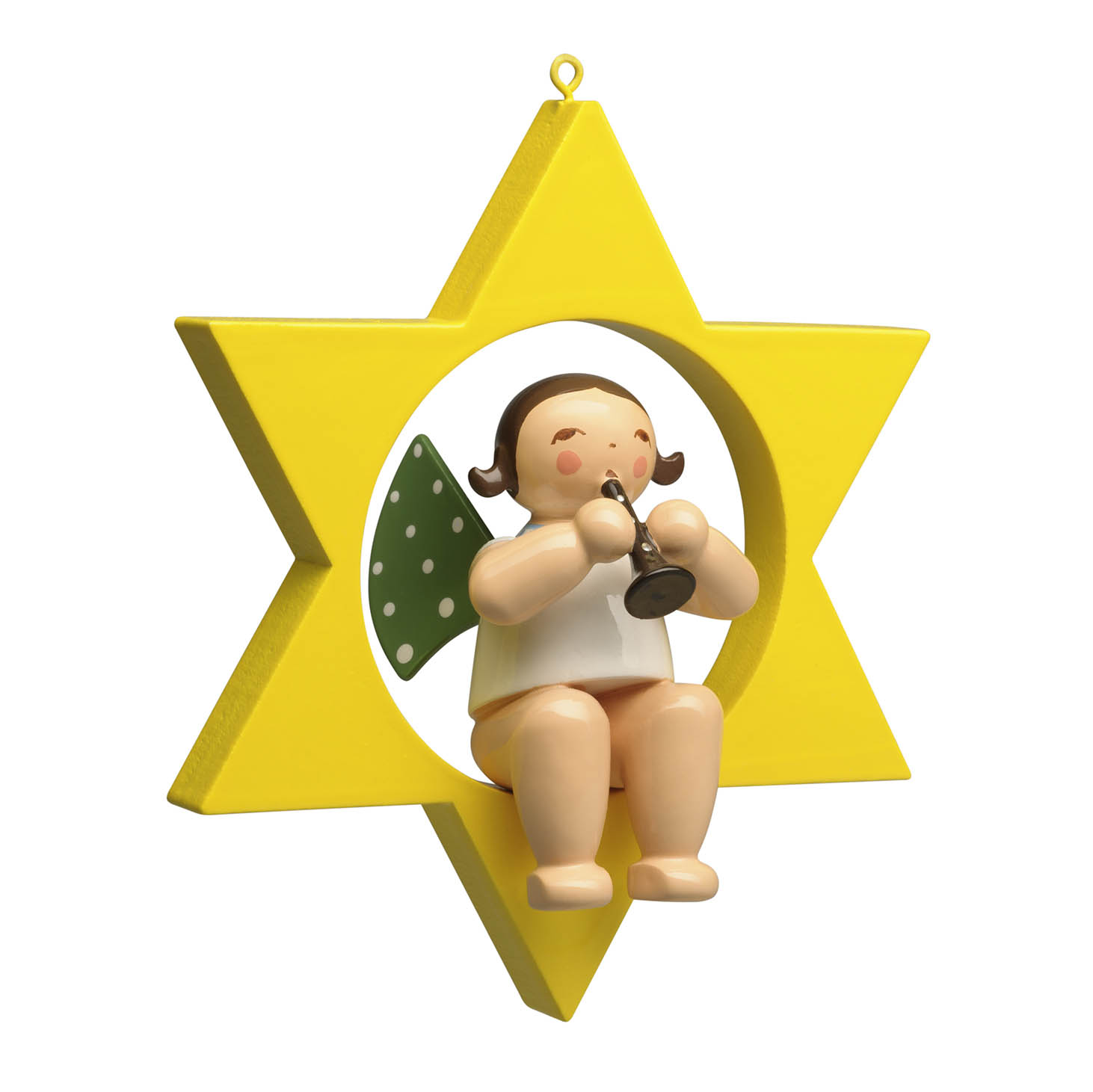 Eine Holzfigur eines Engels mit grünen Flügeln spielt eine Klarinette und sitzt in einem gelben, sechszackigen Stern. im Dregeno Online Shop günstig kaufen