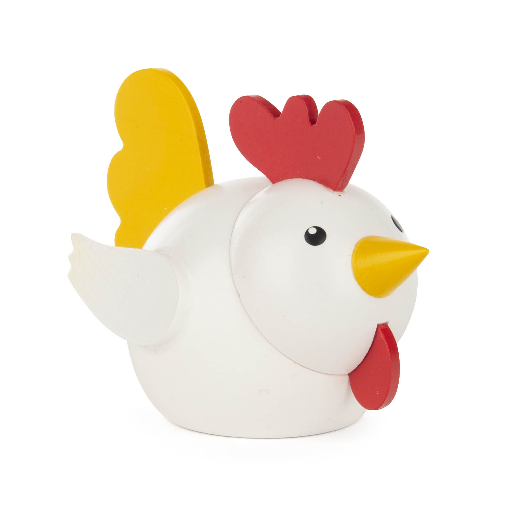Holzfigur eines weißen Huhns mit gelben Flügeln und rotem Kamm, geeignet als Dekoration für Vario-Leuchter. im Dregeno Online Shop günstig kaufen