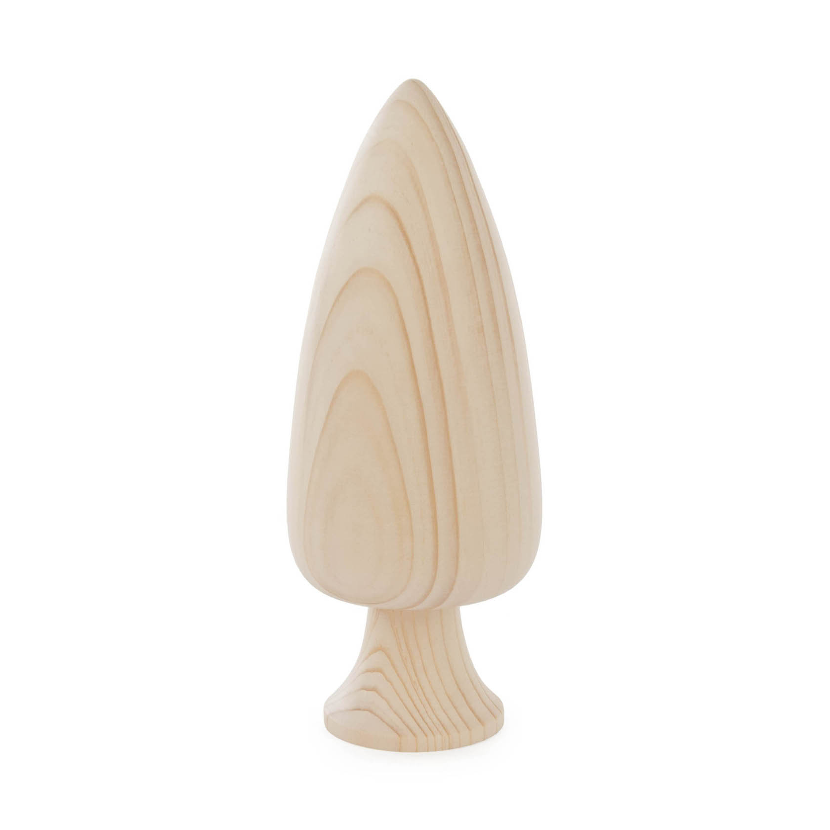 Ein konisch geformter, naturbelassener Massivholzbaum mit glatter Oberfläche, 17 cm hoch, steht auf einem kurzen unterteilten Stamm. im Dregeno Online Shop günstig kaufen