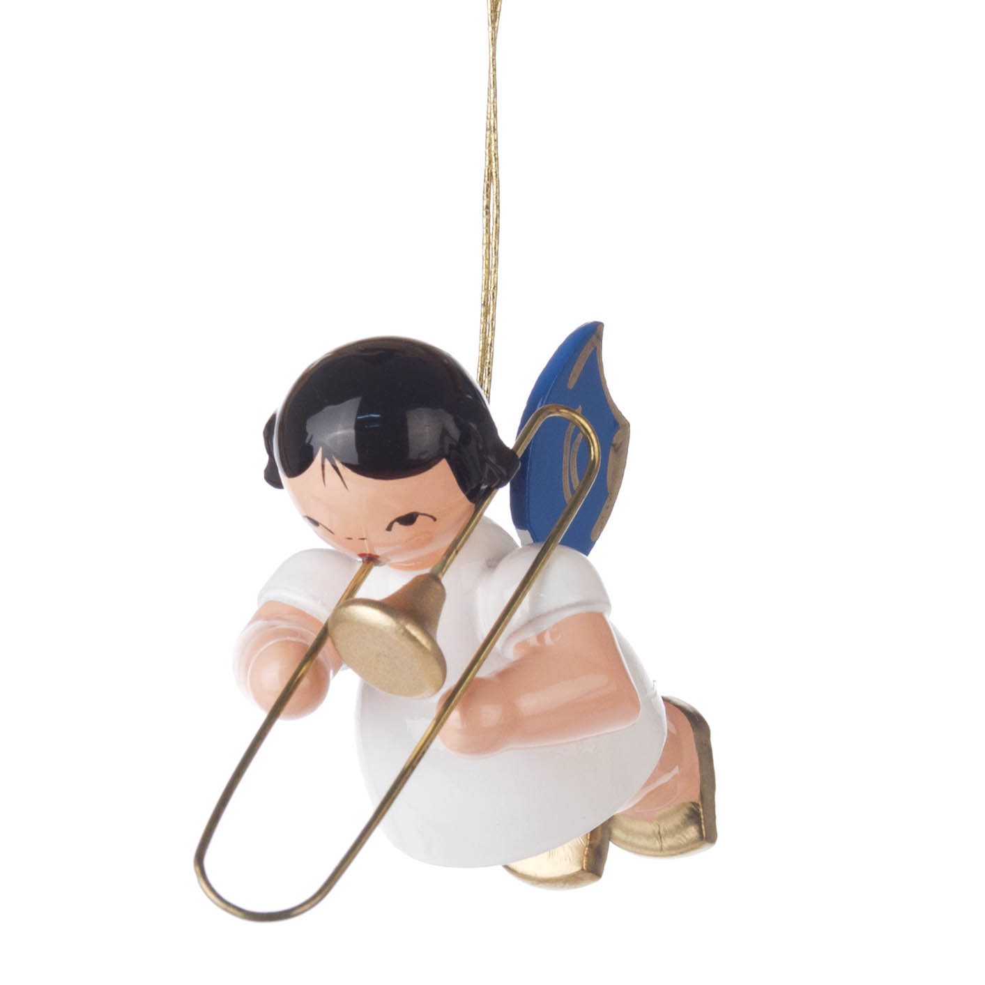 Hängende Engel-Figur mit blauen Flügeln, die eine goldene Posaune spielt. im Dregeno Online Shop günstig kaufen