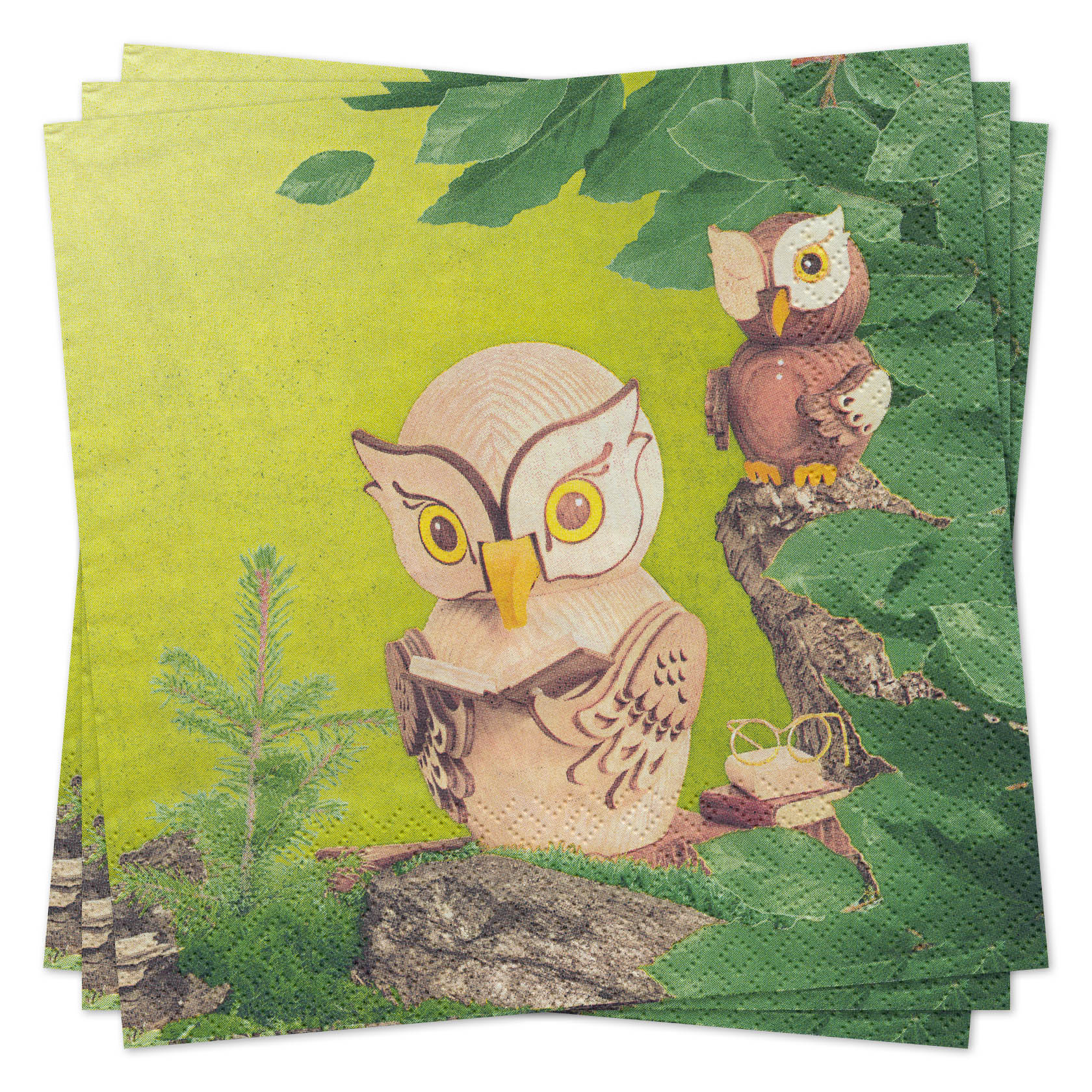 Zwei Eulen auf einem Ast, umgeben von Blättern. Die größere Eule hat markante Augen und wirkt aus Holz geschnitzt. im Dregeno Online Shop günstig kaufen