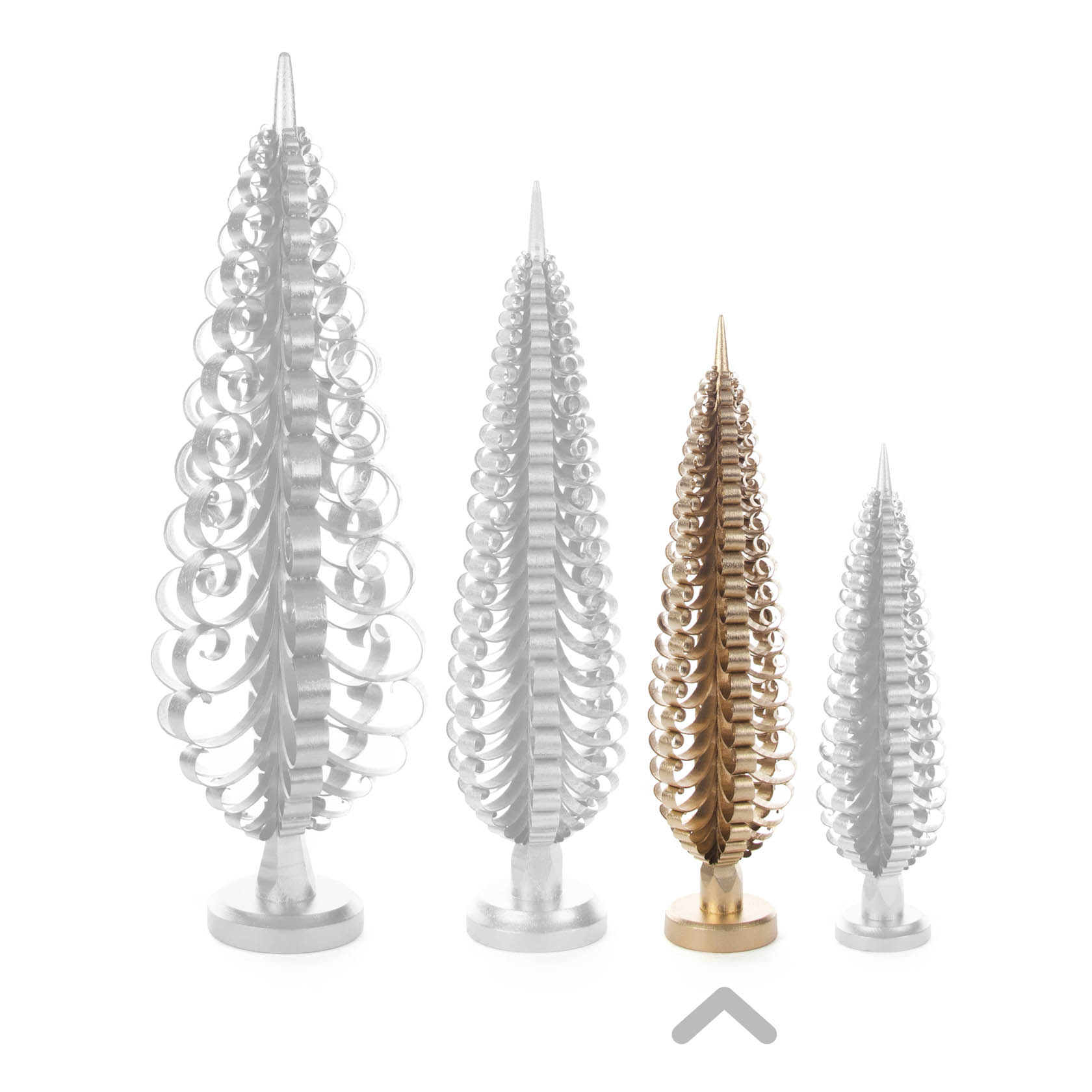 A 25cm gold-plated carved wooden Christmas tree stands among three similar silver-colored trees of varying sizes.