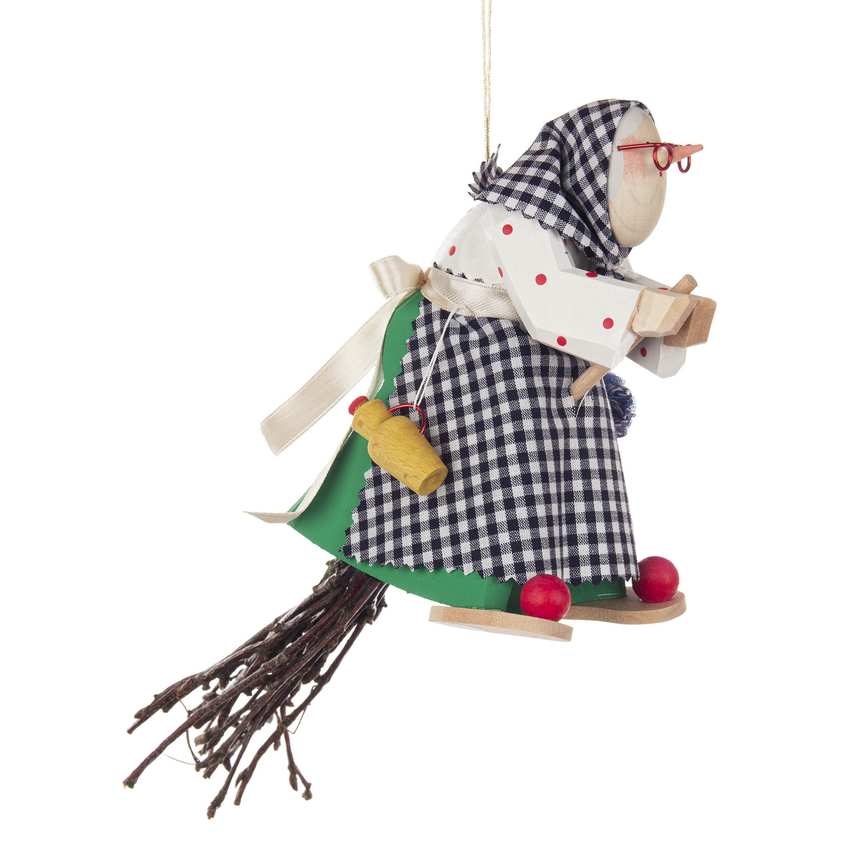 Wooden carved witch figure with glasses, wearing a blue checkered cloak, holding a broomstick, with a scroll and bell, hanging by a string. im Dregeno Online Shop günstig kaufen