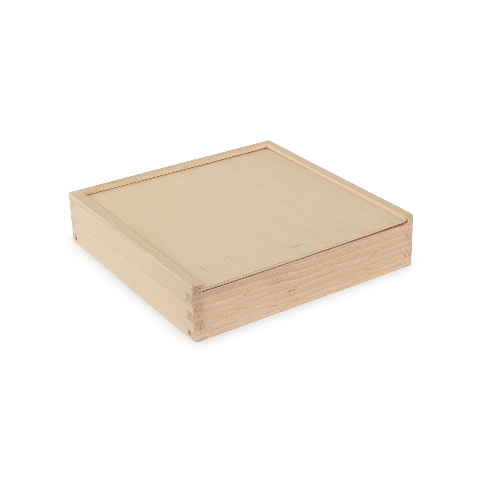 Quadratischer Holzkasten mit einem Schiebedeckel; Kasten hat klare Außenkanten und ist flach gestaltet. im Dregeno Online Shop günstig kaufen