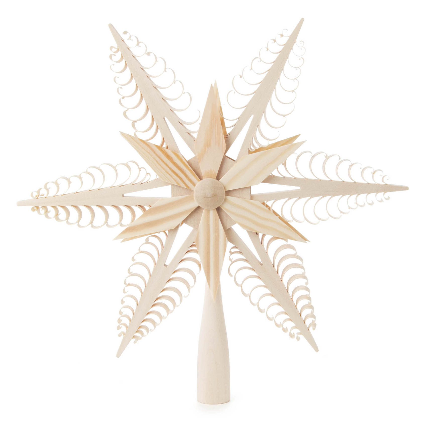 Christbaumspitze in Form eines großen, detailreichen Spansterns mit kunstvollen Holzdetails. Durchmesser 24cm. im Dregeno Online Shop günstig kaufen