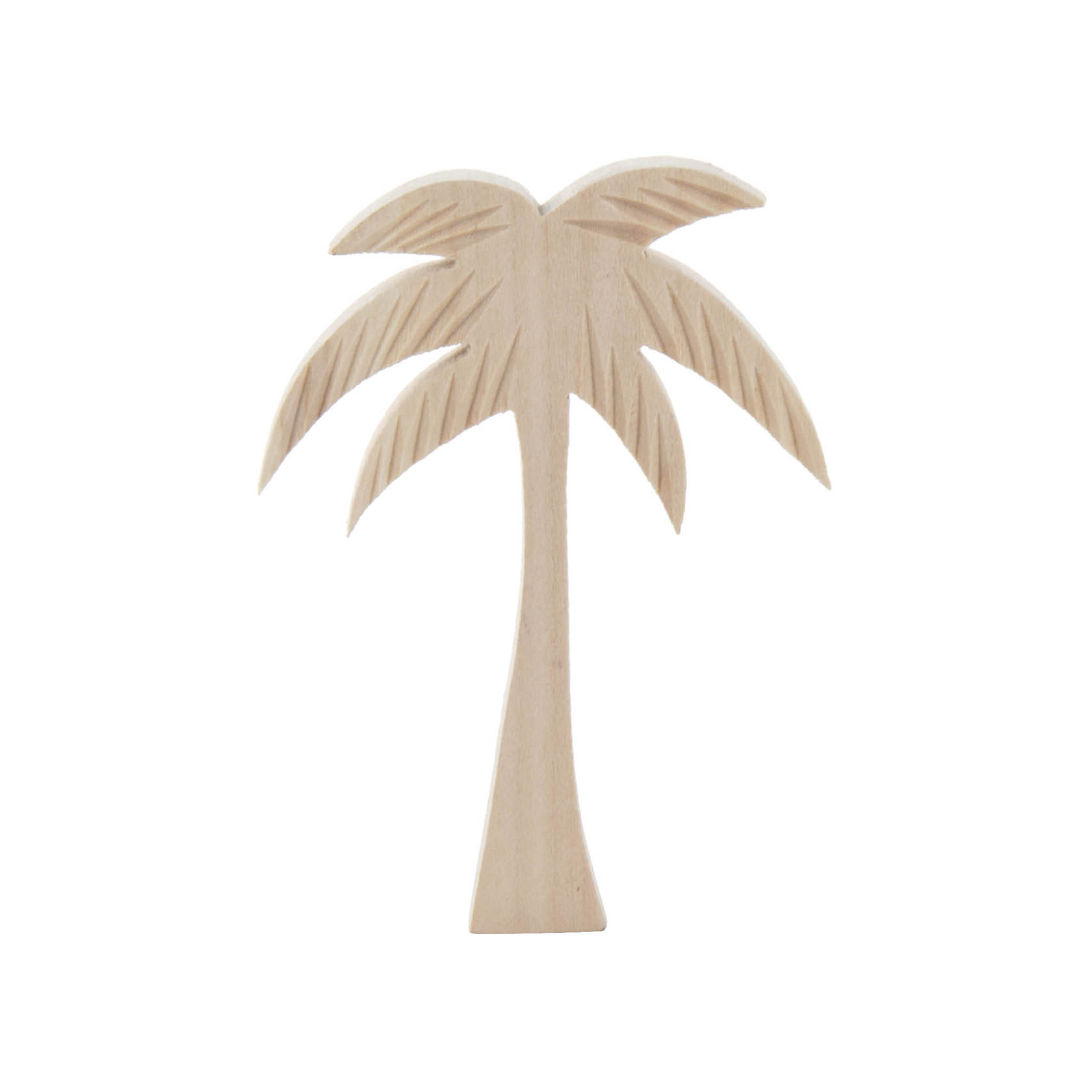 Holzgeschnitzte Palme mit schmalem Stamm und fünf geschwungenen Blättern, ca. 85mm hoch. im Dregeno Online Shop günstig kaufen