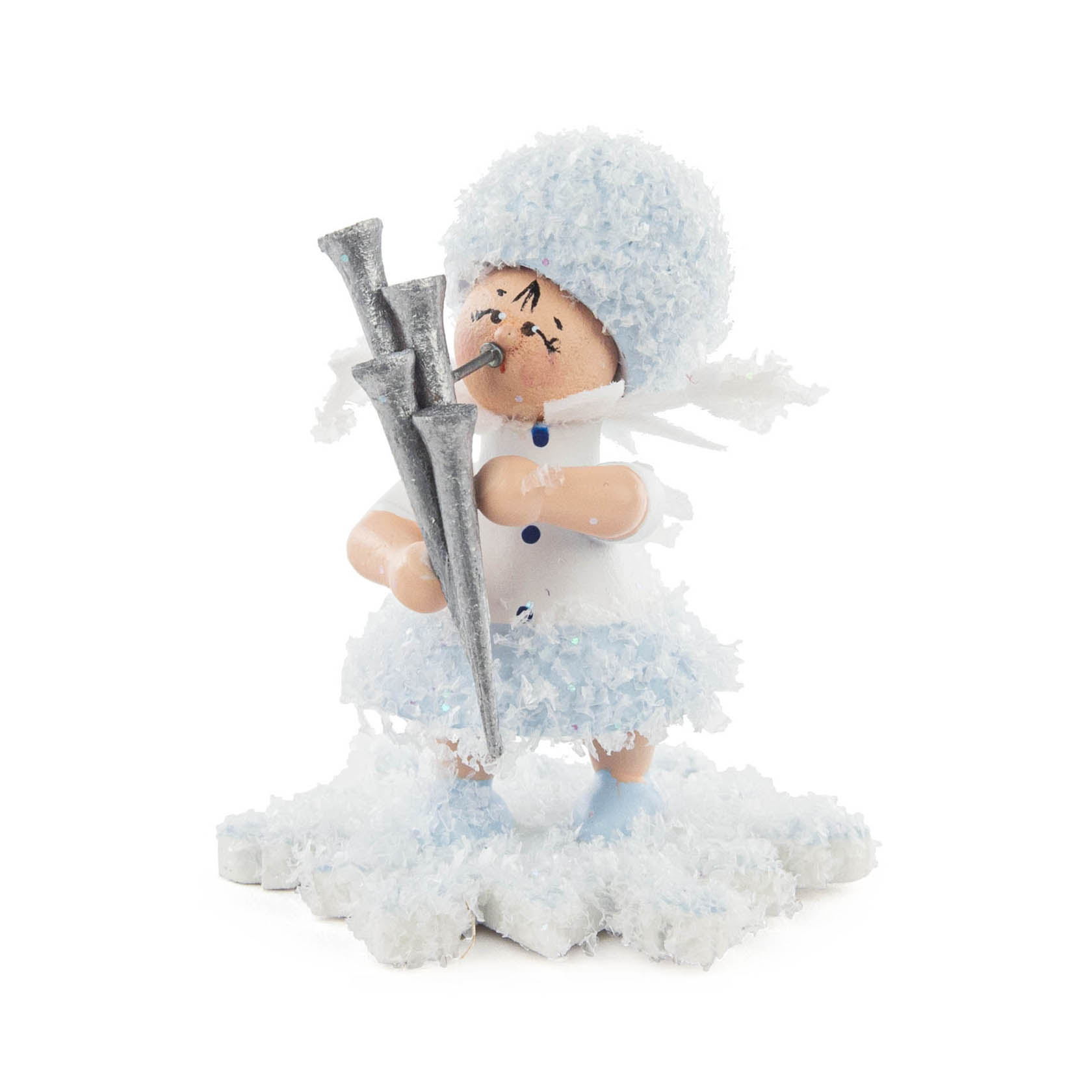 A Snowflake figurine with a fluffy hat and dress plays a silver Schalmei instrument, standing on a snowy base. im Dregeno Online Shop günstig kaufen