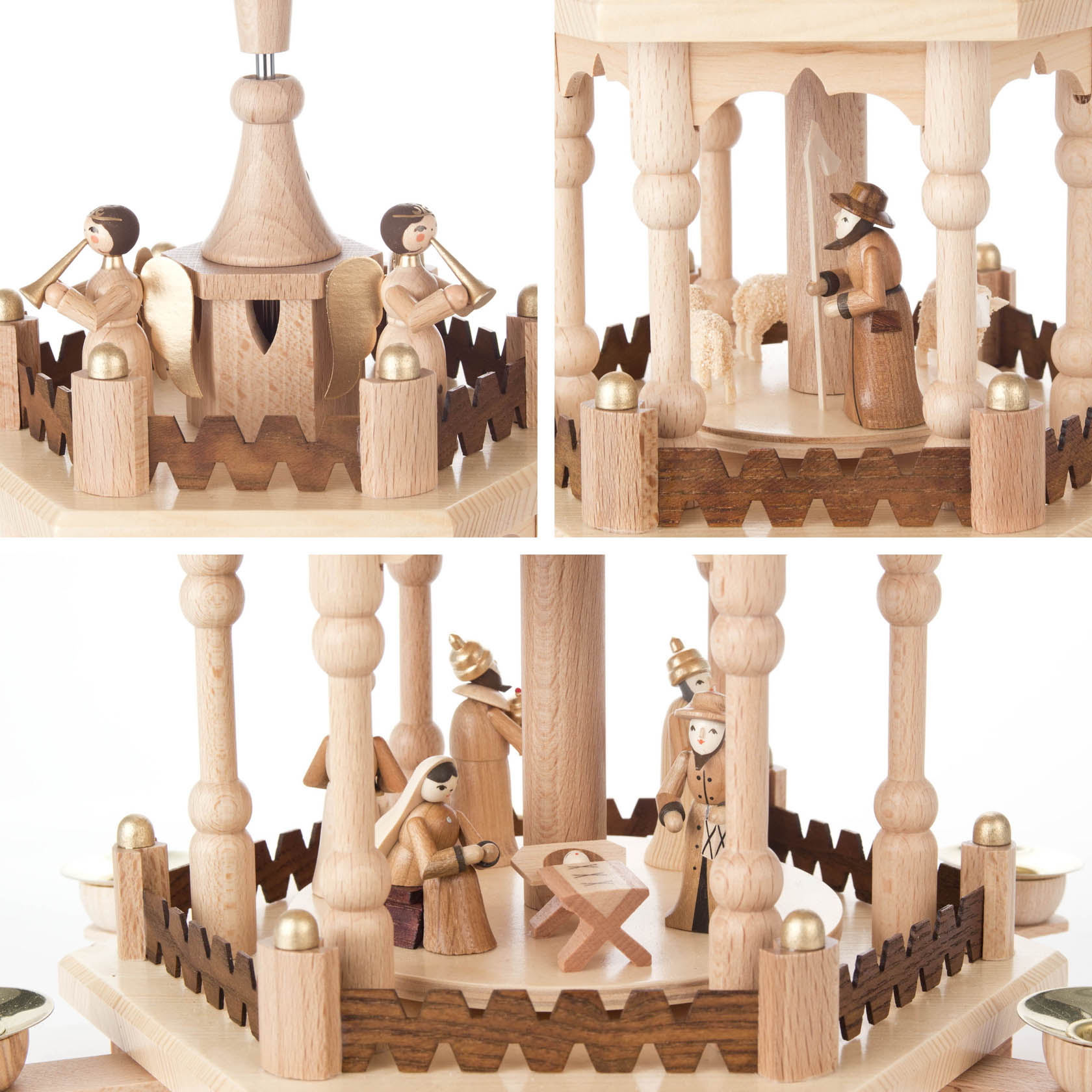 Zweistufige Holzpyramide mit der Darstellung der Geburt Christi. Auf der unteren Ebene die Heilige Familie mit Krippe, oben ein Engel mit Trompete.