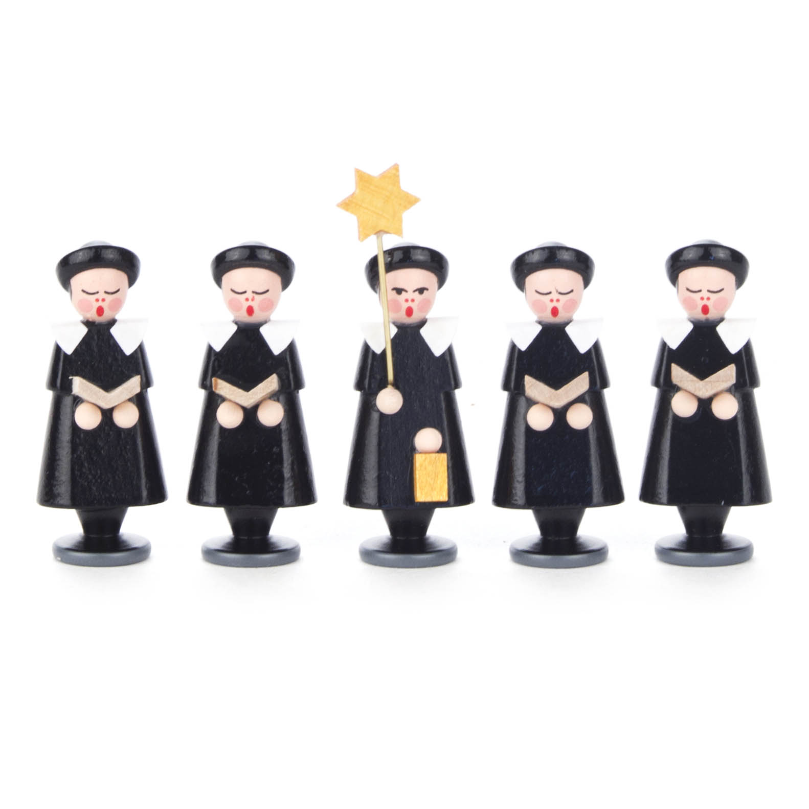 Fünf Kurrendefiguren aus Holz in schwarzer Tracht, eine hält einen goldenen Stern, alle haben ein Buch in den Händen. im Dregeno Online Shop günstig kaufen