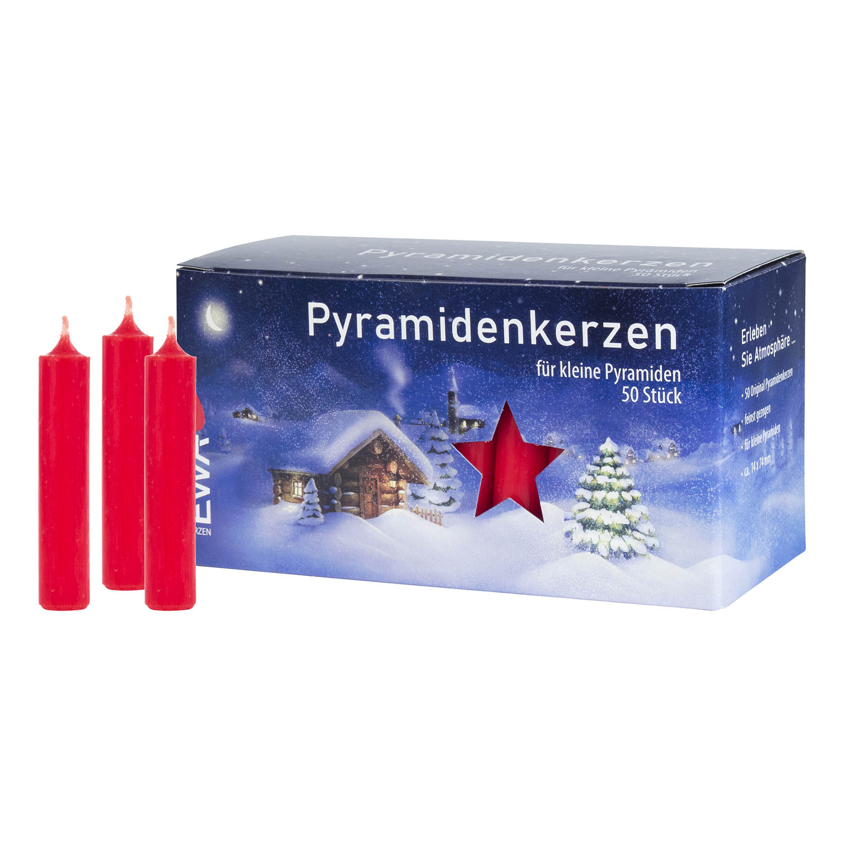 Eine Packung mit 50 roten Pyramidenkerzen, 14 mm Durchmesser, vor einem winterlichen Kartondesign mit Haus und Bäumen. im Dregeno Online Shop günstig kaufen