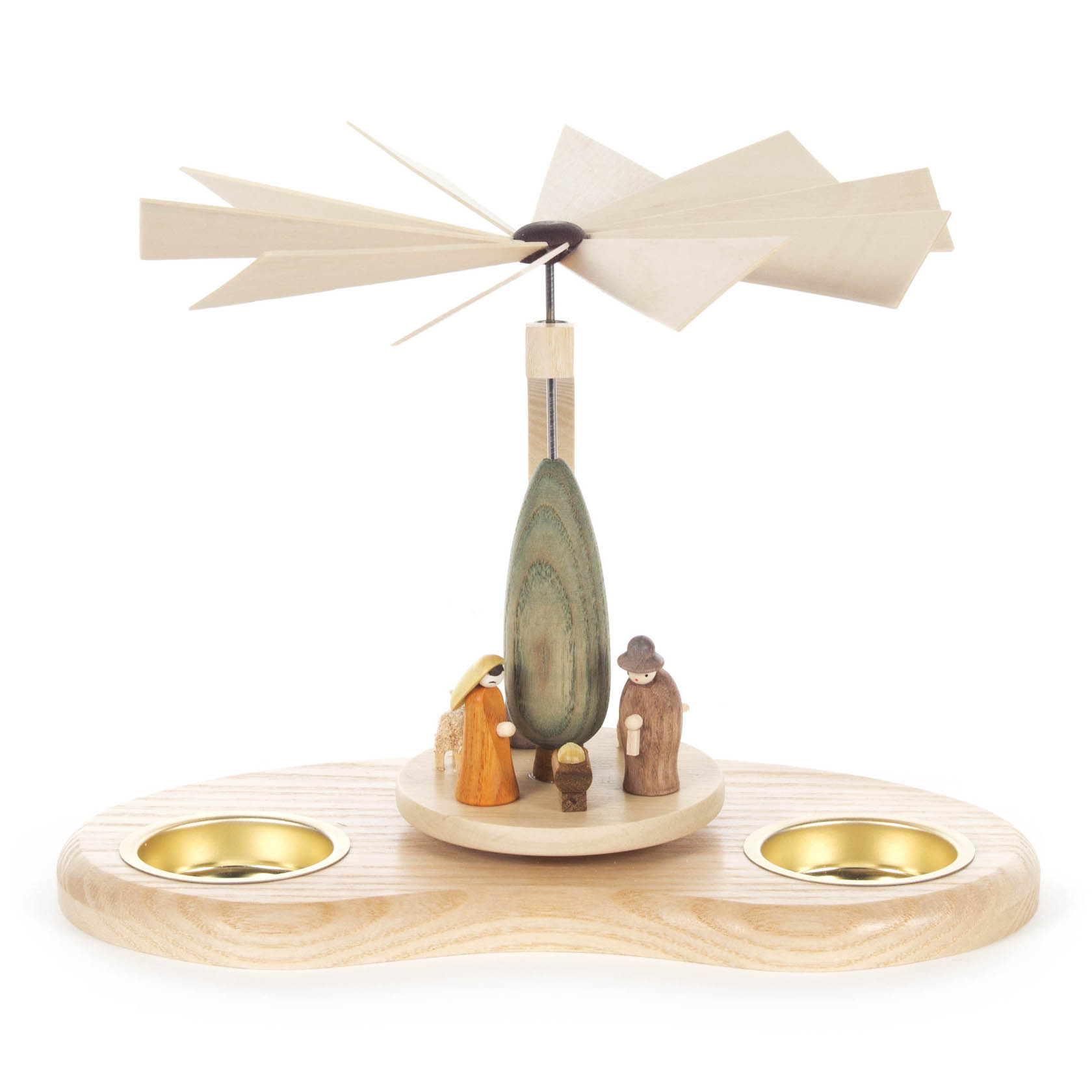 Holzpyramide mit Christi-Geburt-Szene und Platz für zwei Teelichter, Figuren der Heiligen Familie im Zentrum. im Dregeno Online Shop günstig kaufen