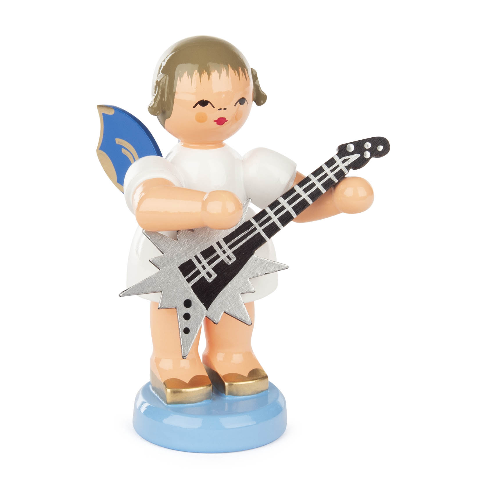 Eine große Engelsfigur mit kurzen Haaren, blauen Flügeln und einer silbernen Gitarre in Sternform, stehend auf einem blauen Sockel. im Dregeno Online Shop günstig kaufen