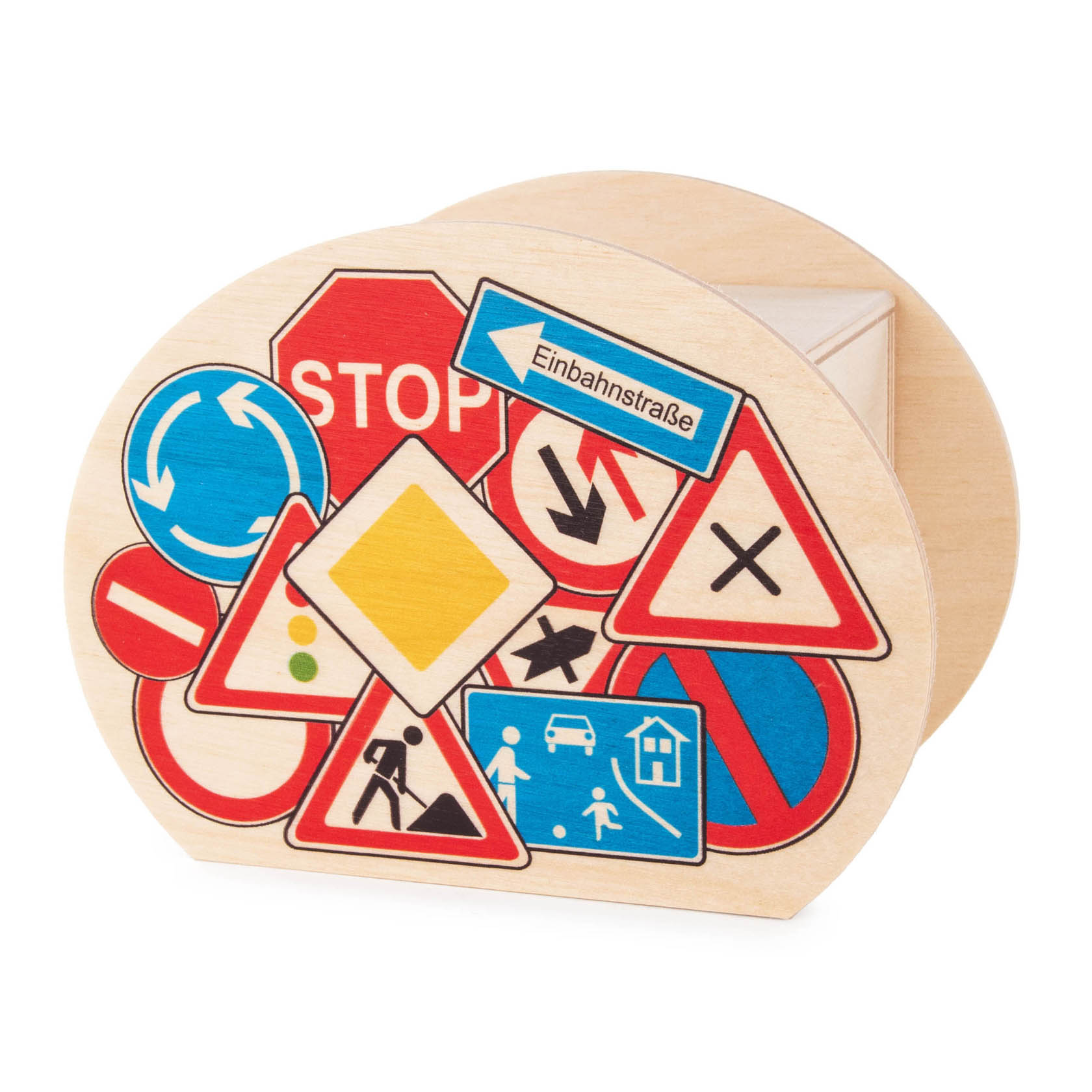 Holzspardose in Form eines Ovals, verziert mit verschiedenen bunten Verkehrsschildern, u.a. Stoppschild, Einbahnstraße und Vorfahrt gewähren.