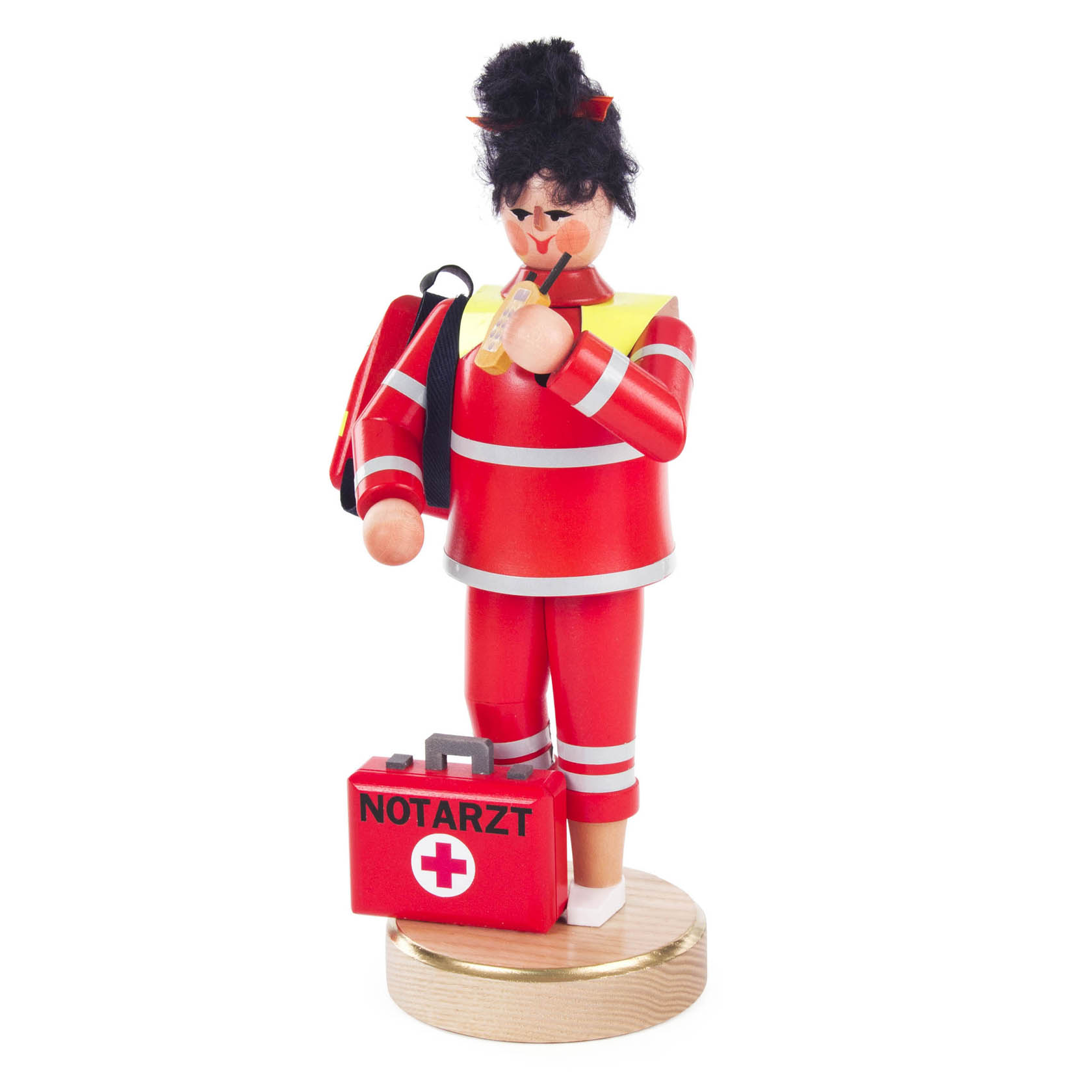 Holzfigur einer Räucherfrau in Notarztdienstuniform mit rotem Koffer und Stethoskop. im Dregeno Online Shop günstig kaufen