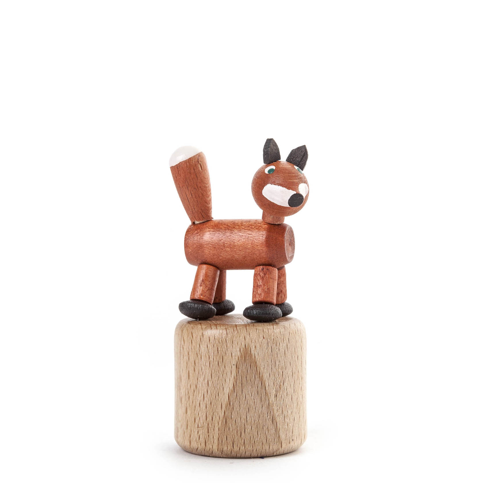 Holzspielzeug Wackeltier in Form eines Fuchses auf einem runden Sockel. im Dregeno Online Shop günstig kaufen