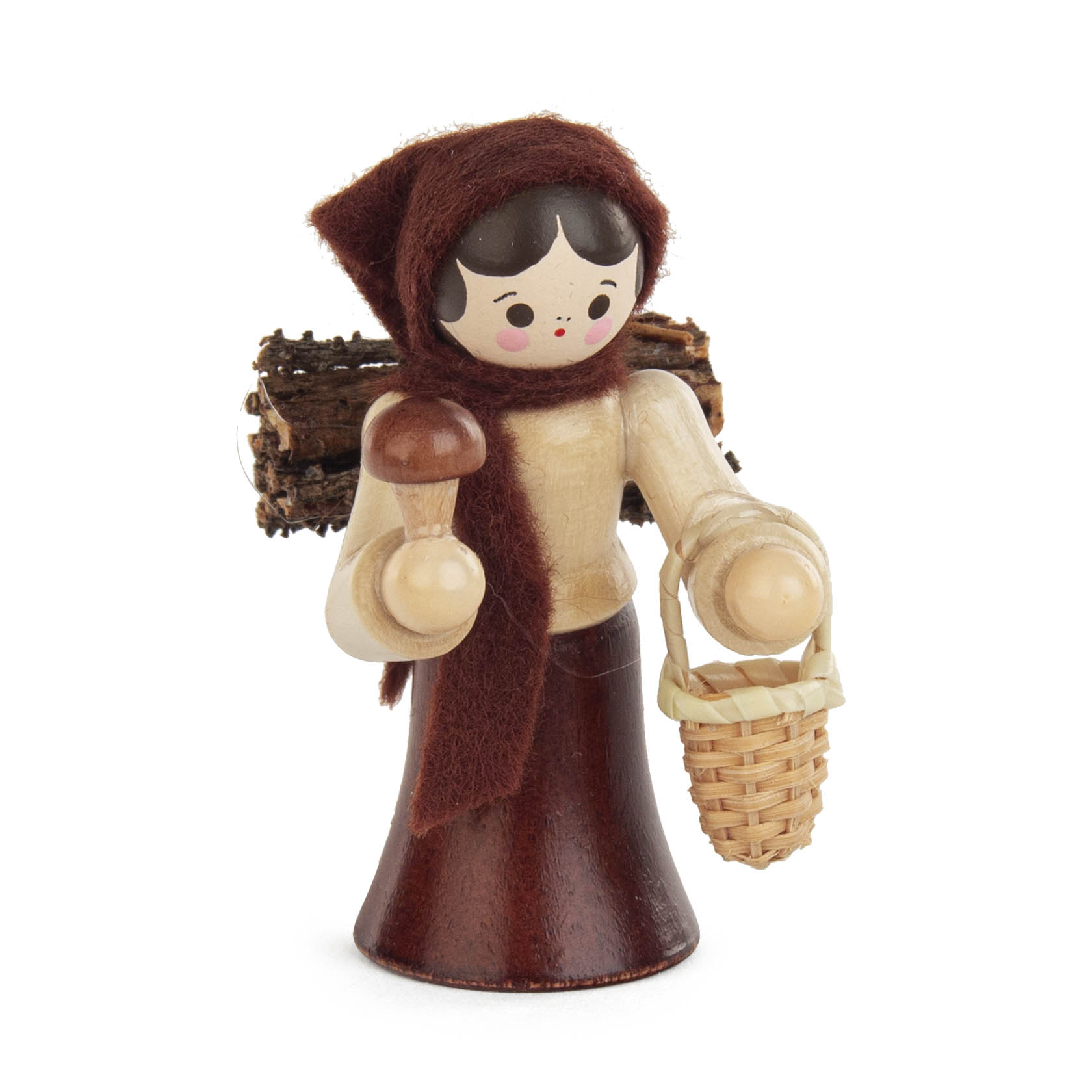 Holzfigur einer Frau mit braunem Kopftuch und Schal, die einen Pilz in der Hand hält und einen Korb sowie Holzstücke auf dem Rücken trägt. im Dregeno Online Shop günstig kaufen
