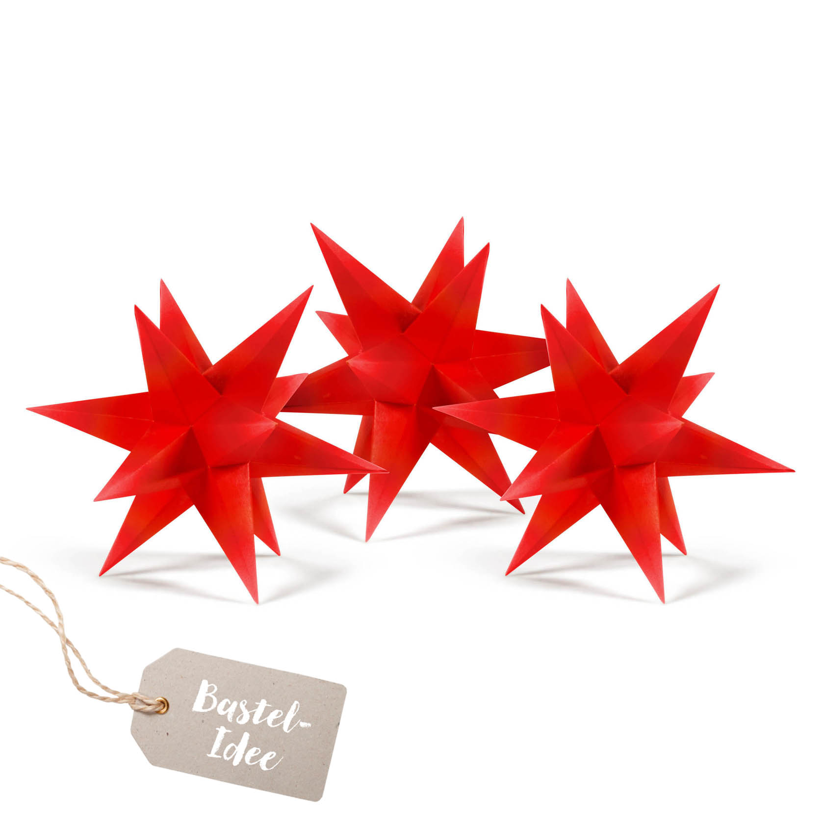 Drei rote Adventssterne aus einem Bastelset. im Dregeno Online Shop günstig kaufen