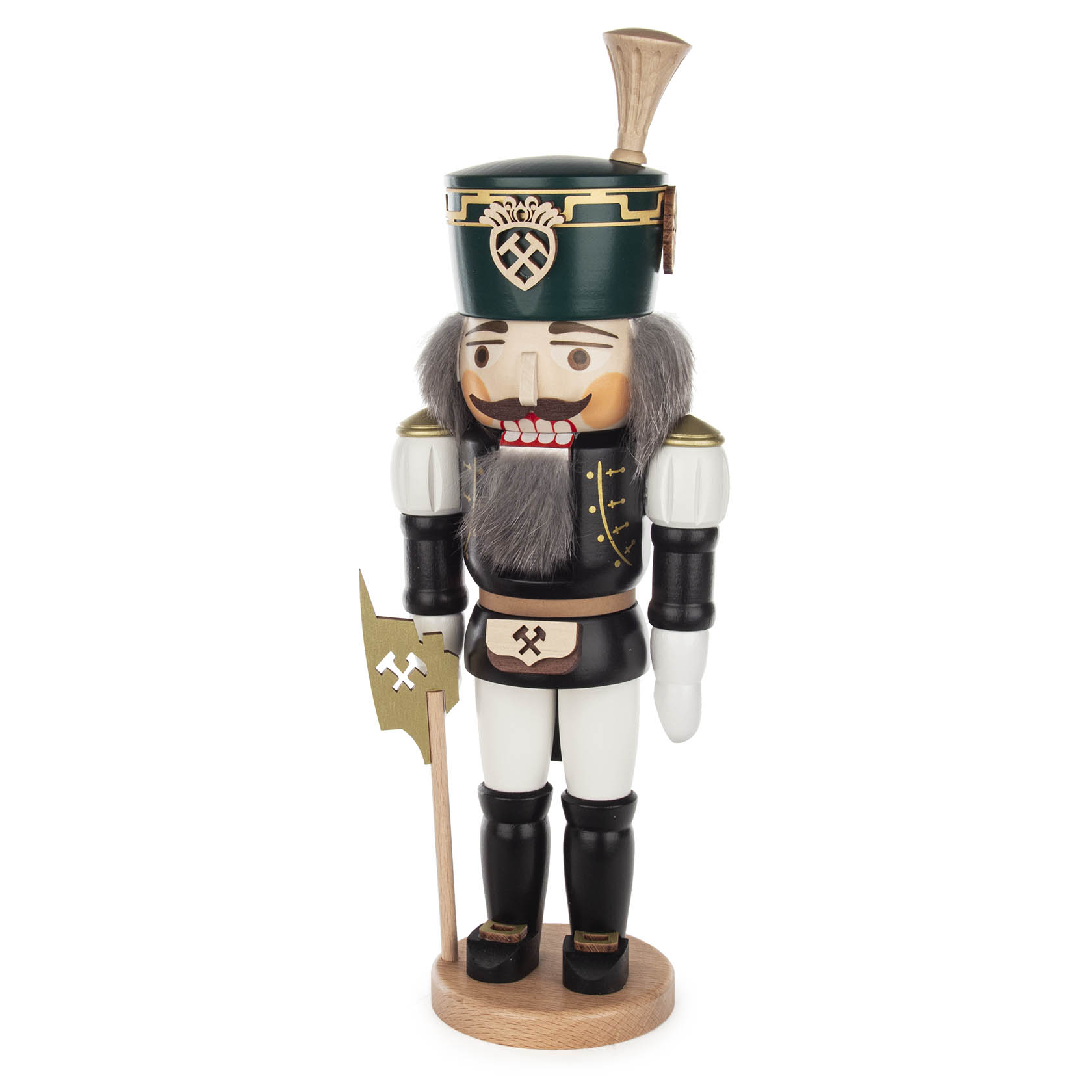 A traditional nutcracker resembling a miner, with a dark green hat, golden accents, a brown beard, and white trousers, holding a decorative axe.