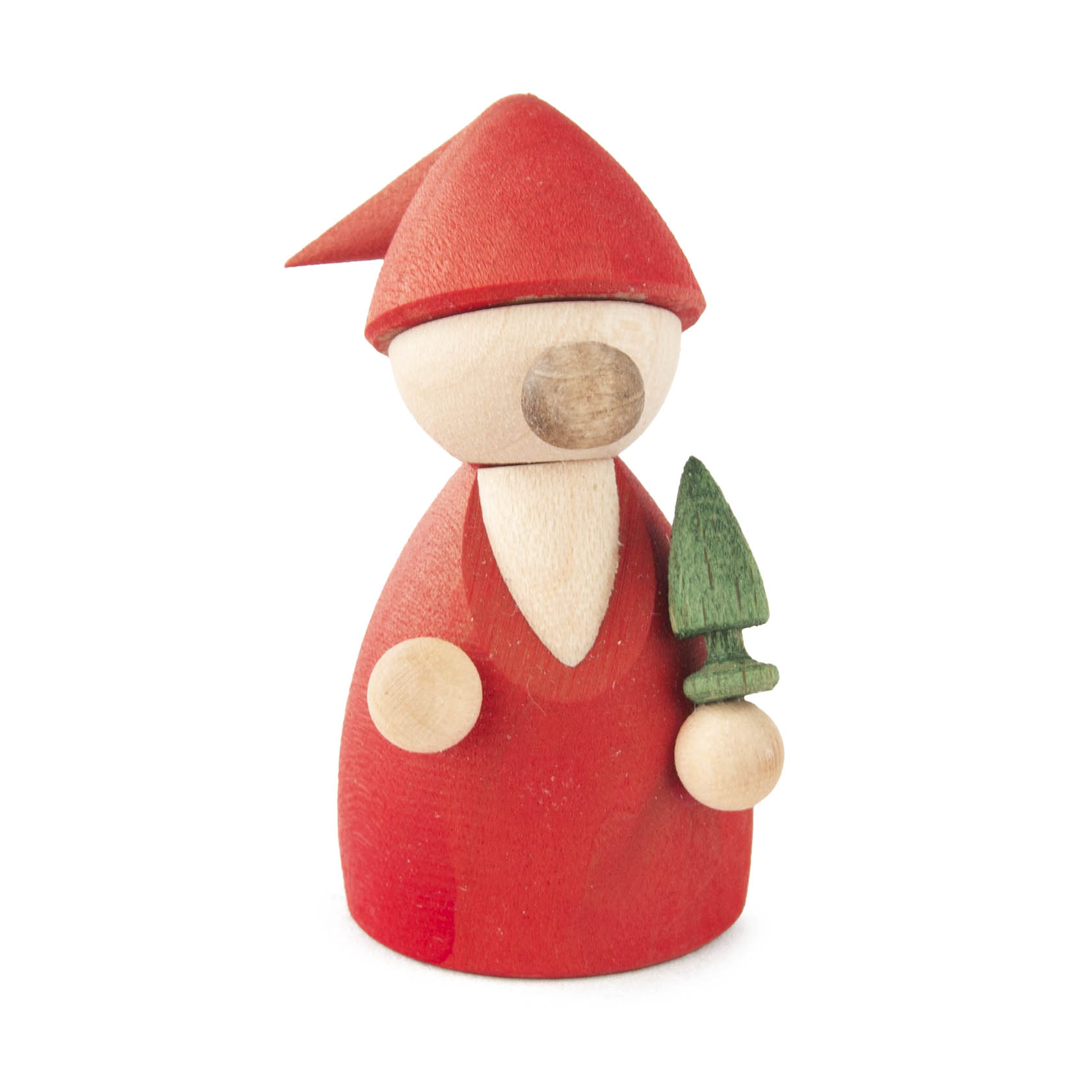 Ein niedlicher, handgemachter roter Wichtel aus Holz mit einem kleinen grünen Baum in der Hand. im Dregeno Online Shop günstig kaufen